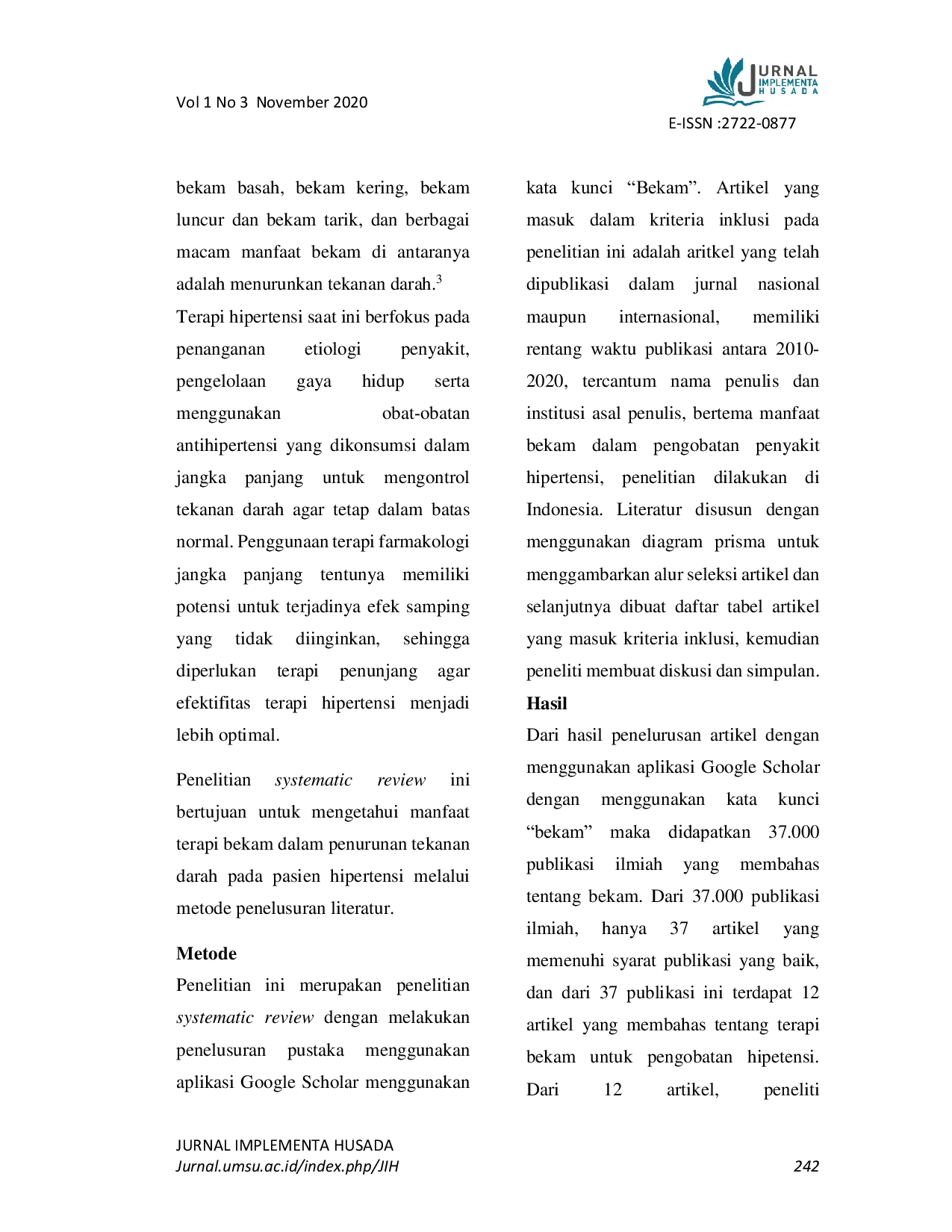 JURIS Efektivitas Terapi Bekam dalam Menurunkan Tekanan Darah pada Pasien Hipertensi di Indonesia Sistematic Review