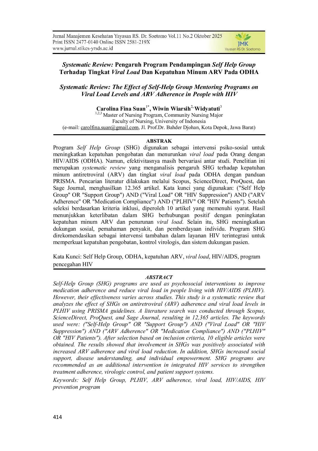 JURIS Systematic Review Pengaruh Program Pendampingan Self Help Group Terhadap Tingkat Viral Load Dan Kepatuhan Minum ARV Pada ODHA
