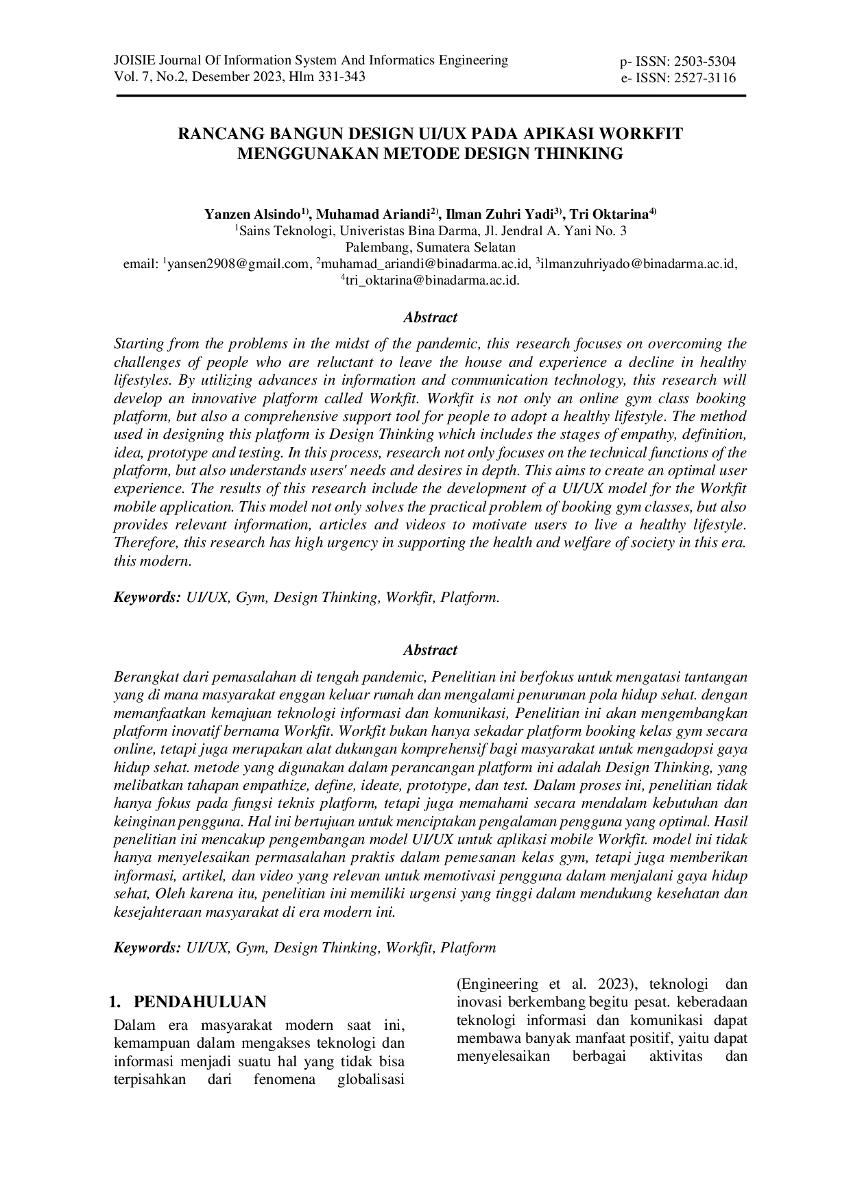 JURIS Rancang Bangun Design Ui Ux Pada Aplikasi Workfit Menggunakan Metode Design Thinking