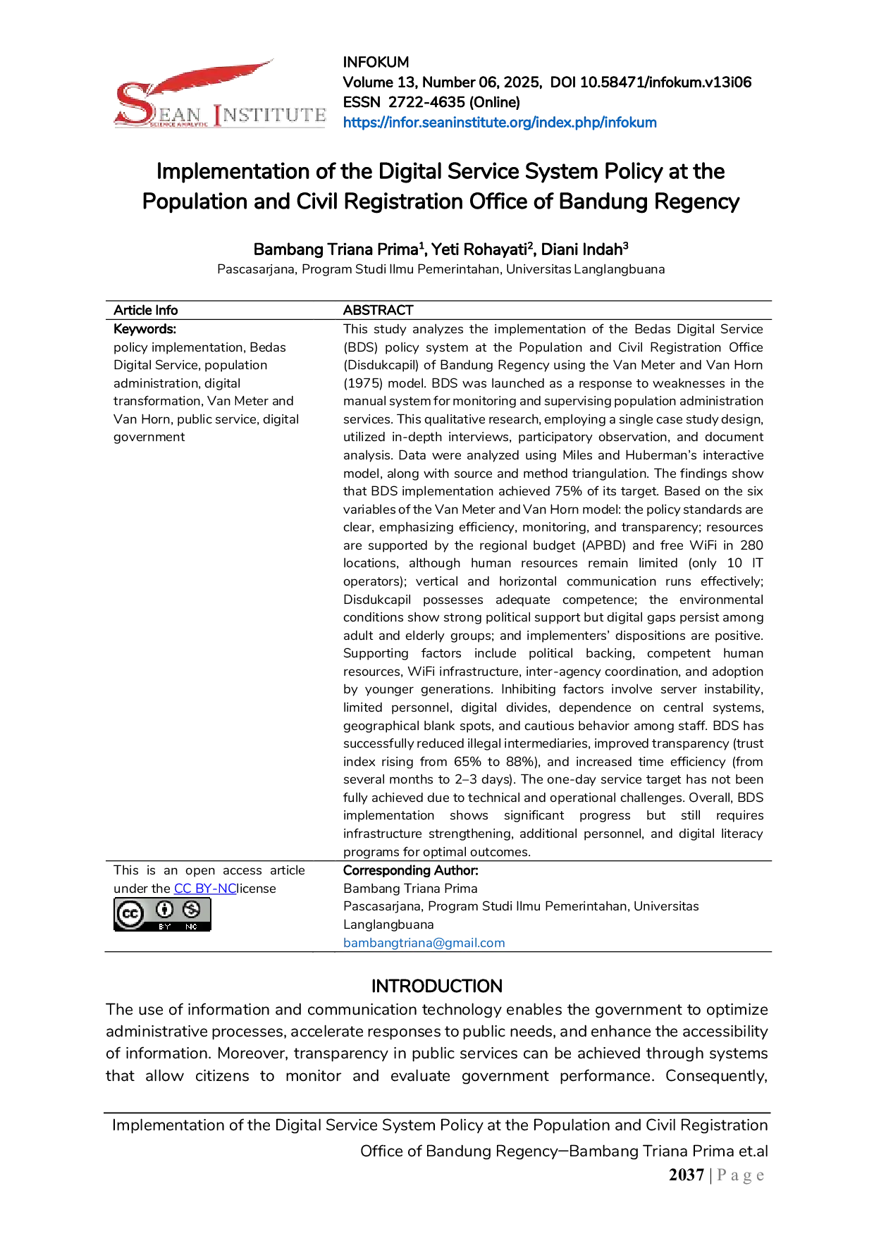 JURIS Implementation of the Digital Service System Policy at the Population and Civil Registration Office of Bandung Regency