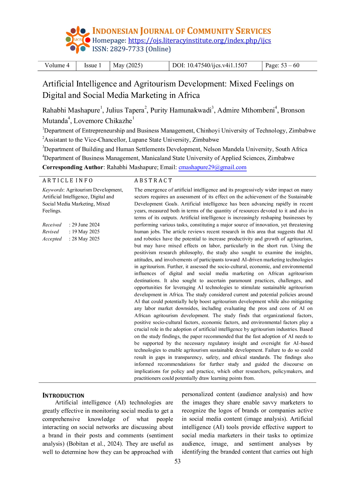 JURIS Artificial Intelligence and Agritourism Development Mixed Feelings on Digital and Social Media Marketing in Africa