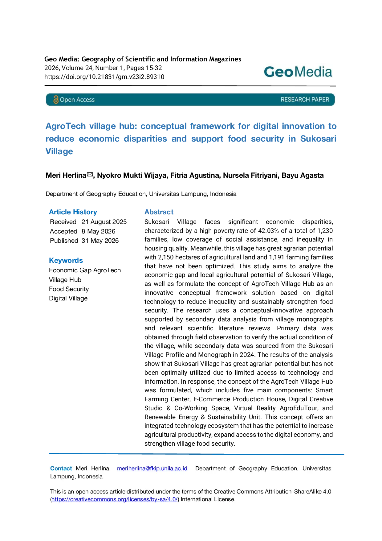 JURIS AgroTech village hub Conceptual framework for digital innovation to reduce economic disparities and support food security in Sukosari Village