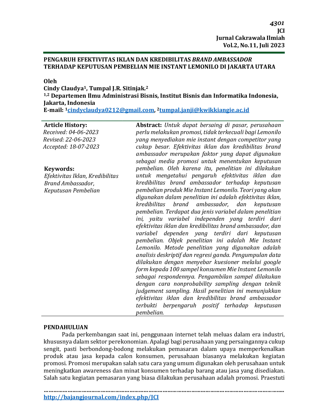 JURIS Pengaruh Efektivitas Iklan Dan Kredibilitas Brand Ambassador Terhadap Keputusan Pembelian Mie Instant Lemonilo Di Jakarta Utara