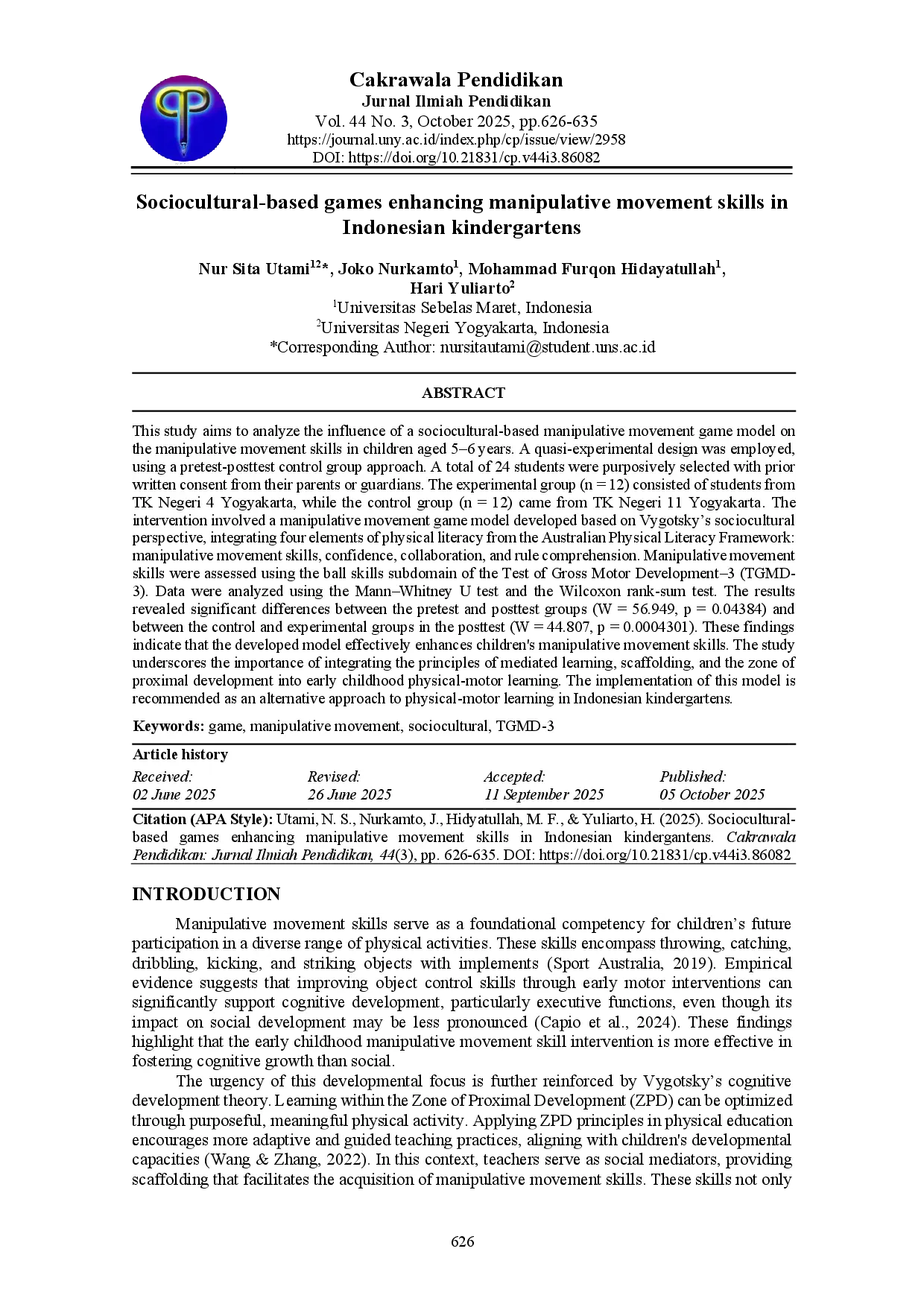 juris Sociocultural based games enhancing manipulative movement skills in Indonesian kindergartens