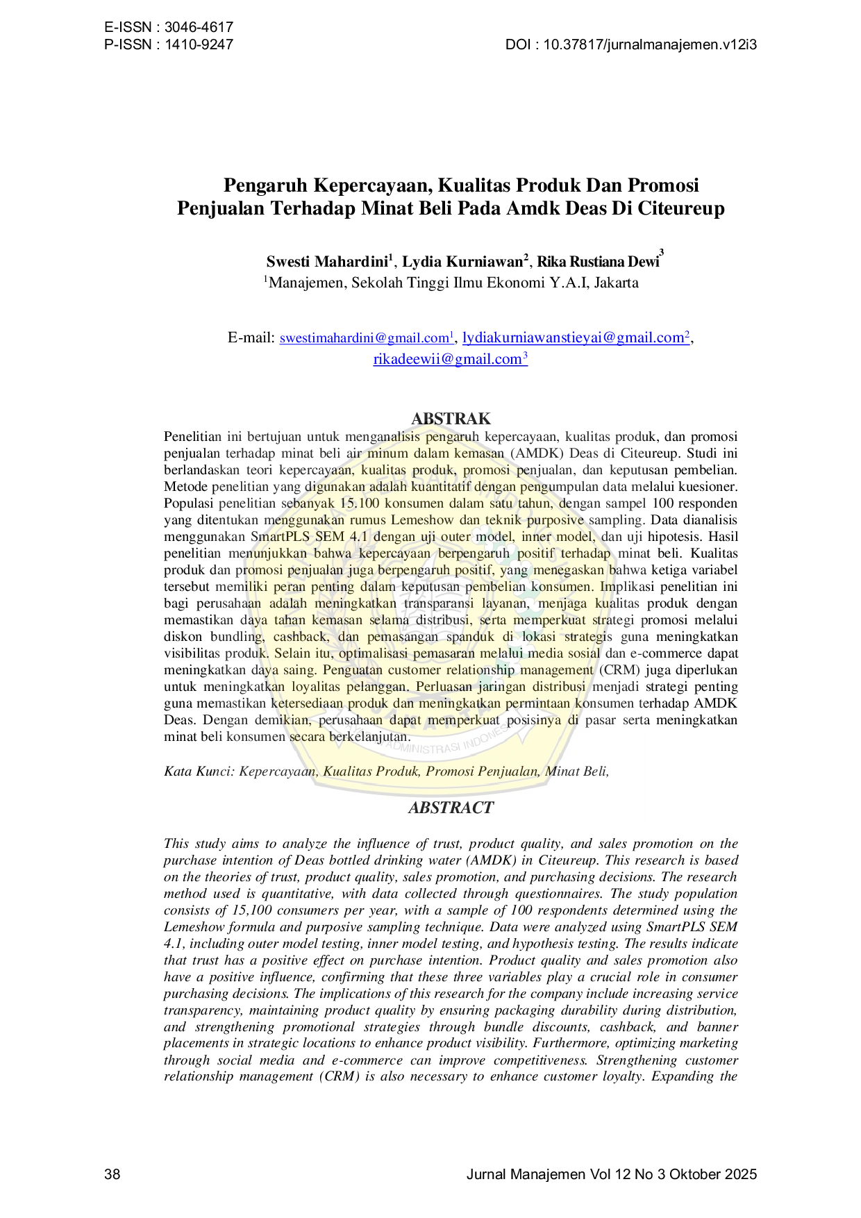 JURIS Pengaruh Kepercayaan Kualitas Produk Dan Promosi Penjualan Terhadap Minat Beli Pada Amdk Deas Di Citeureup