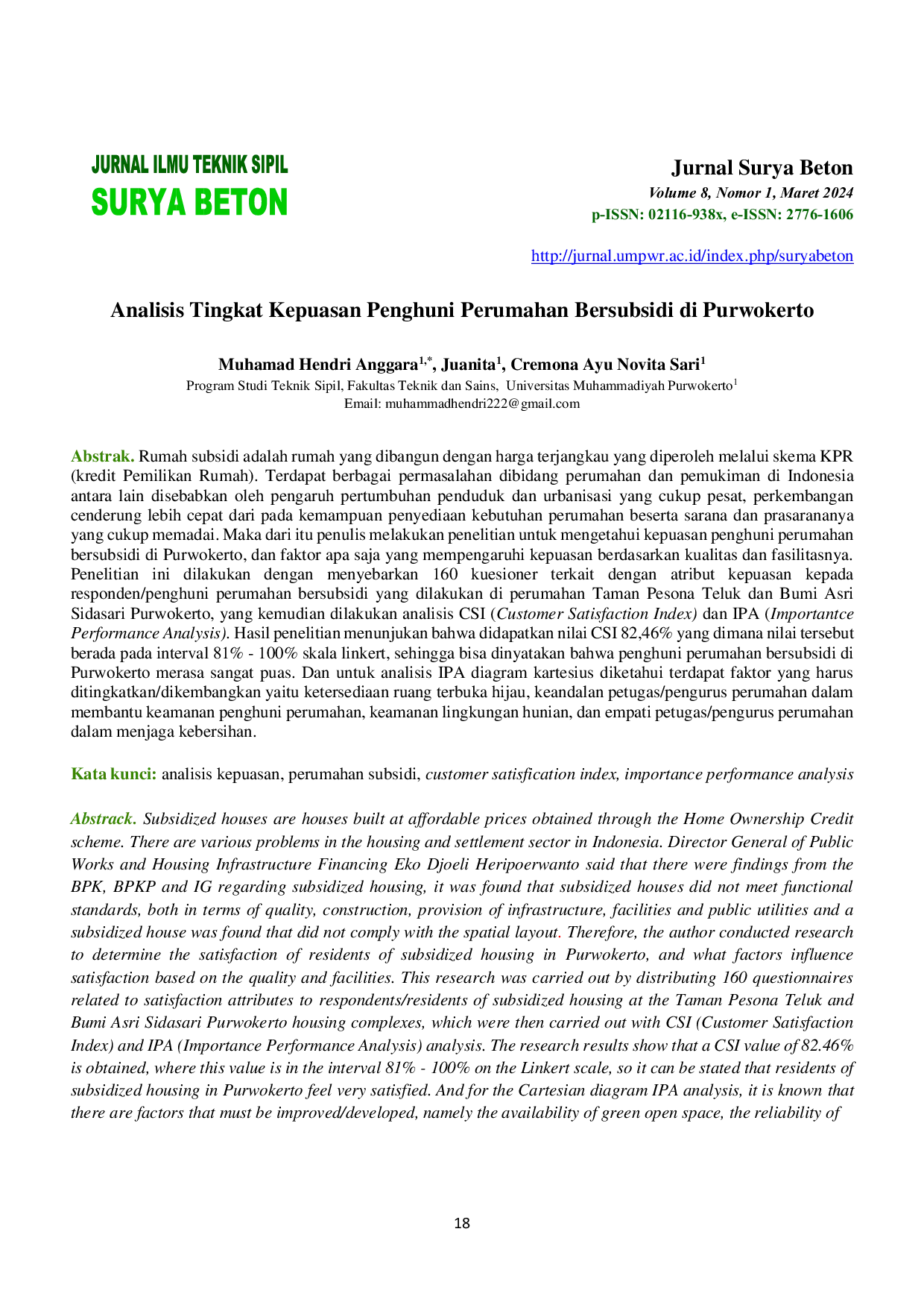 JURIS Analisis Tingkat Kepuasan Penghuni Perumahan Bersubsidi di Purwokerto