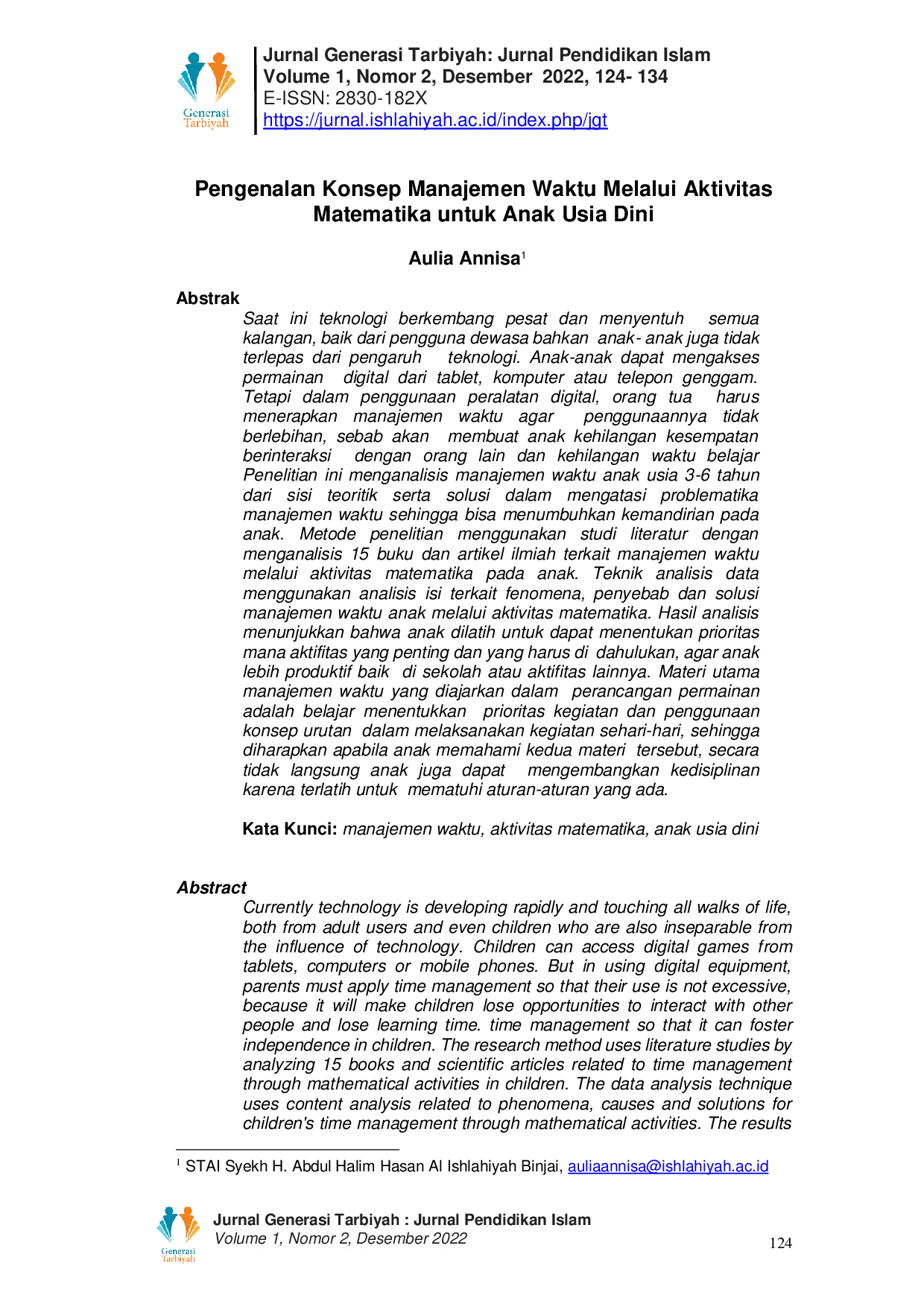 JURIS Pengenalan Konsep Manajemen Waktu Melalui Aktivitas Matematika untuk Anak Usia Dini