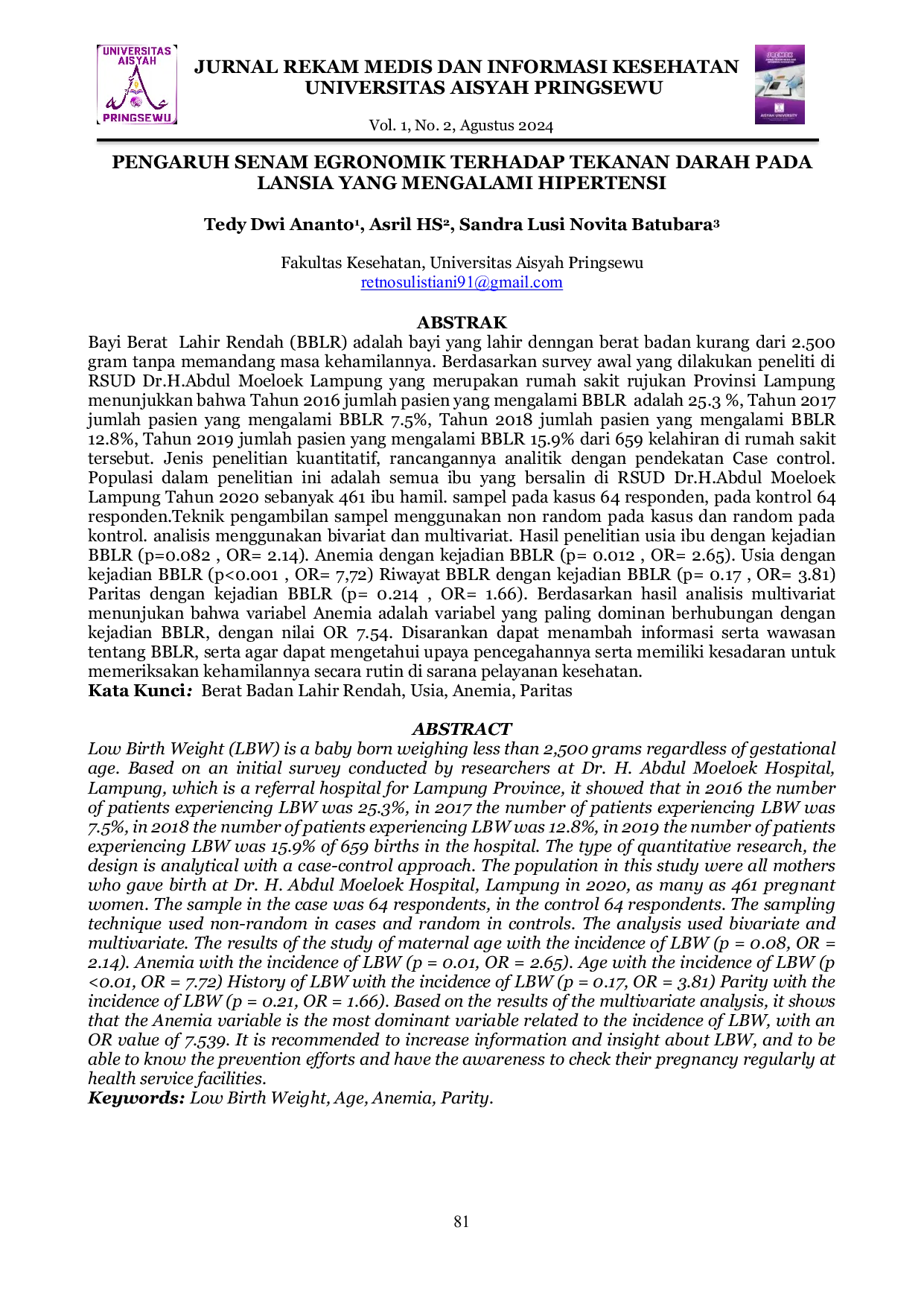JURIS Pengaruh Senam Ergonomik Terhadap Tekanan Darah Pada Lansia Yang Mengalami Hipertensi