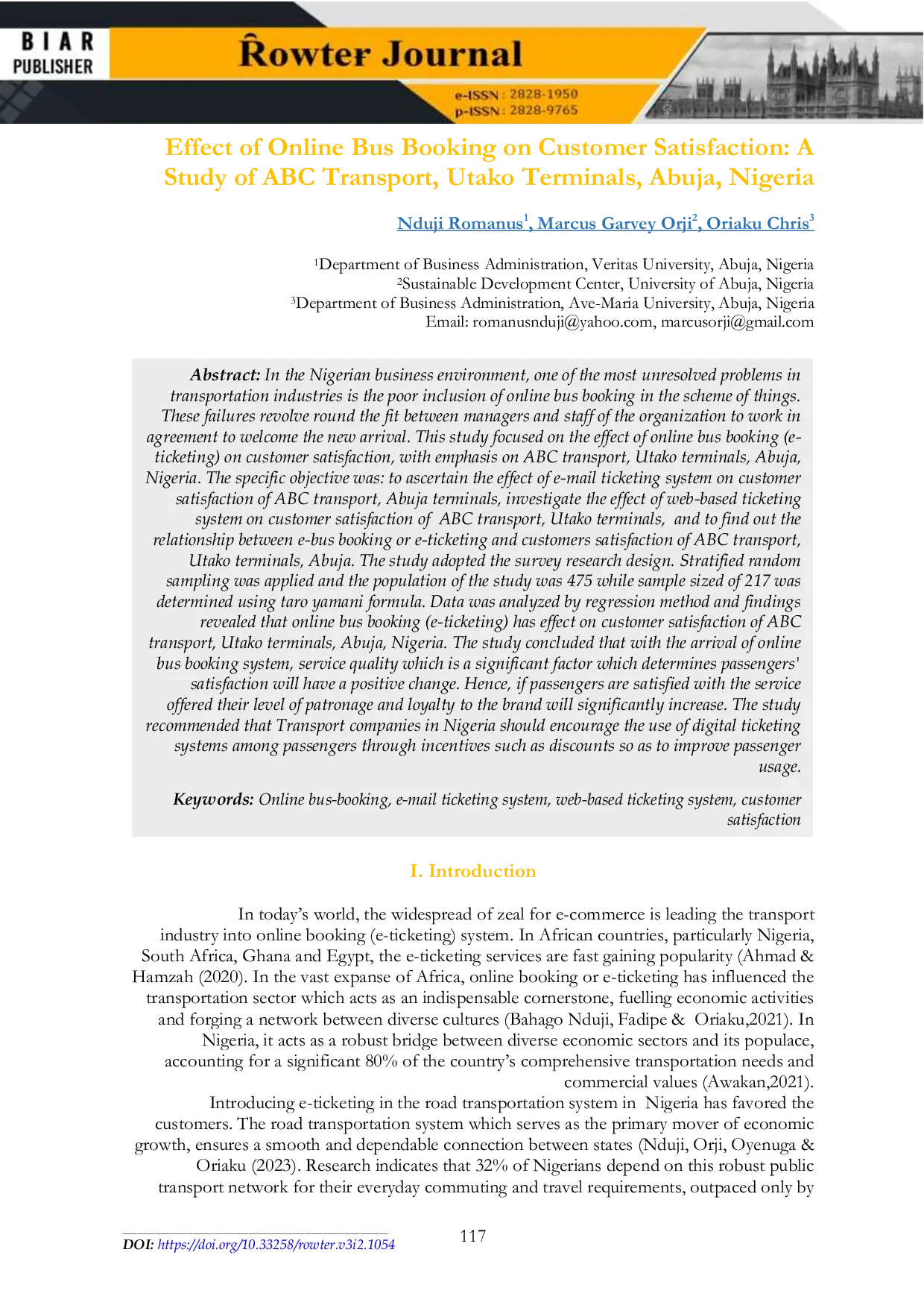 JURIS Effect of Online Bus Booking on Customer Satisfaction A Study of ABC Transport Utako Terminals Abuja Nigeria