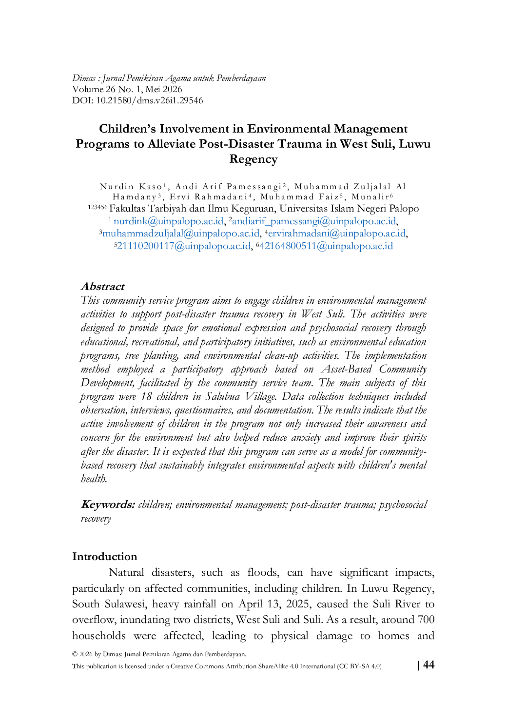 JURIS Children s Involvement in Environmental Management Programs to Alleviate Post Disaster Trauma in West Suli Luwu Regency
