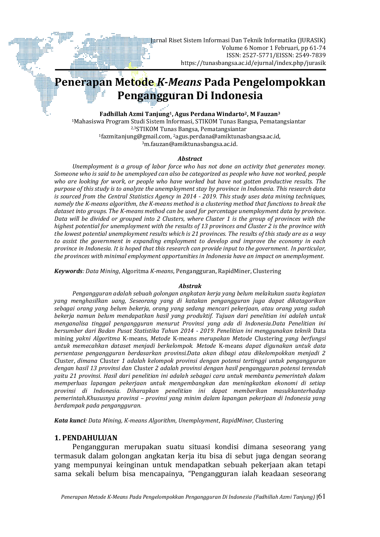 JURIS Penerapan Metode K Means Pada Pengelompokkan Pengangguran Di Indonesia