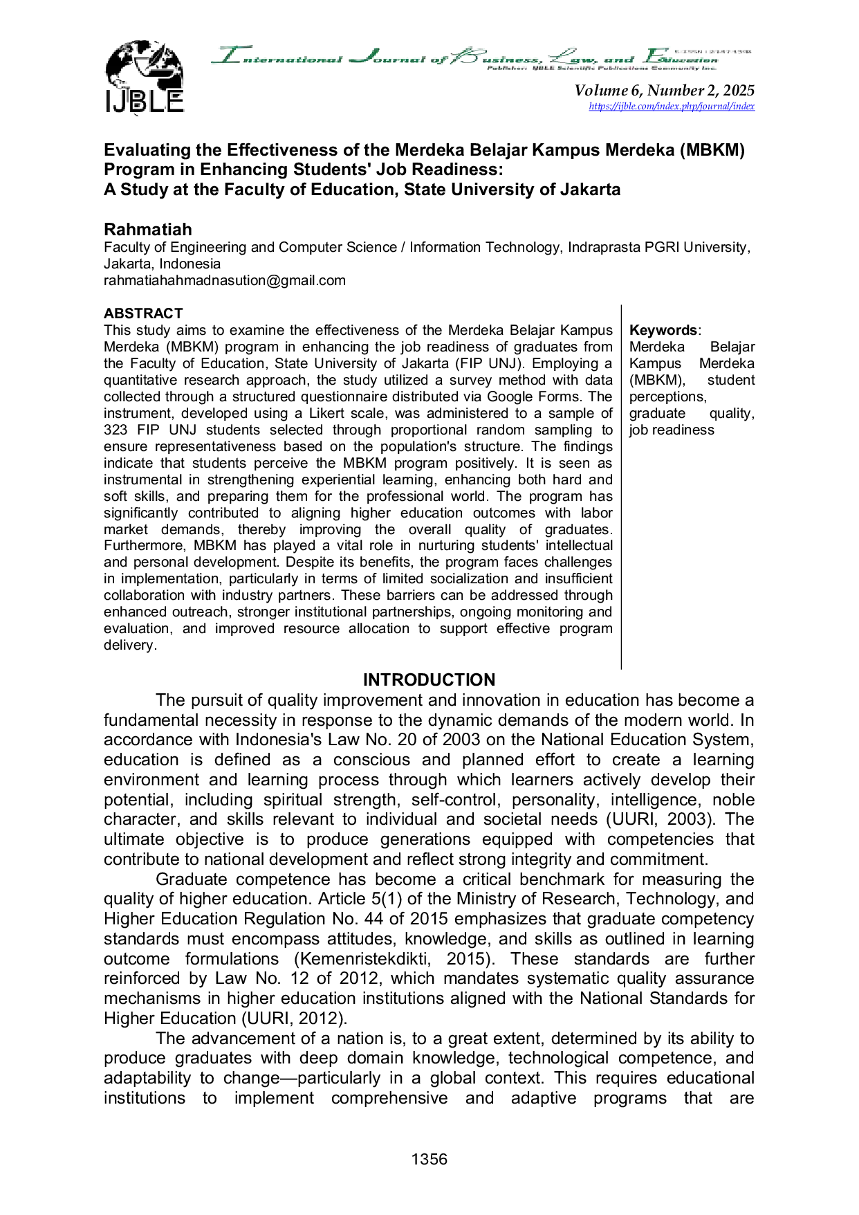 JURIS Evaluating the Effectiveness of the Merdeka Belajar Kampus Merdeka MBKM Program in Enhancing Students Job Readiness