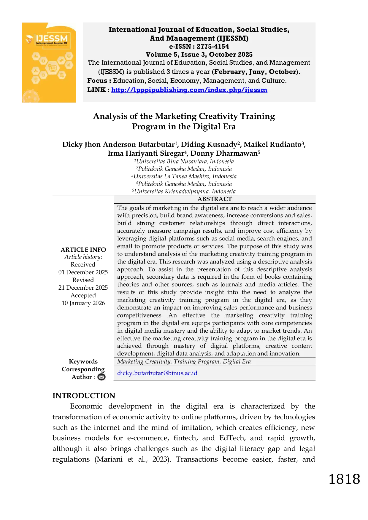 JURIS Analysis of the Marketing Creativity Training Program in the Digital Era