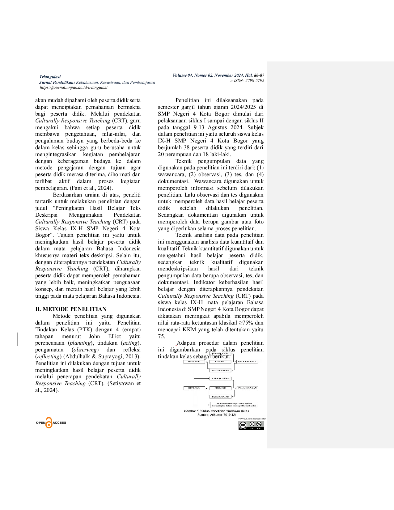 JURIS Peningkatan Hasil Belajar Teks Deskripsi Menggunakan Pendekatan Culturally Responsive Teaching CRT Pada Siswa Kelas IX H SMP Negeri 4 Kota Bogor