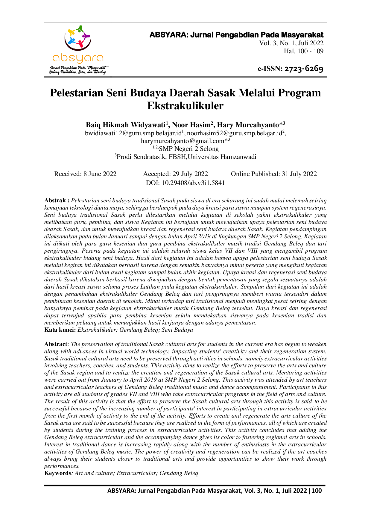 JURIS Pelestarian Seni Budaya Daerah Sasak Melalui Program Ekstrakulikuler