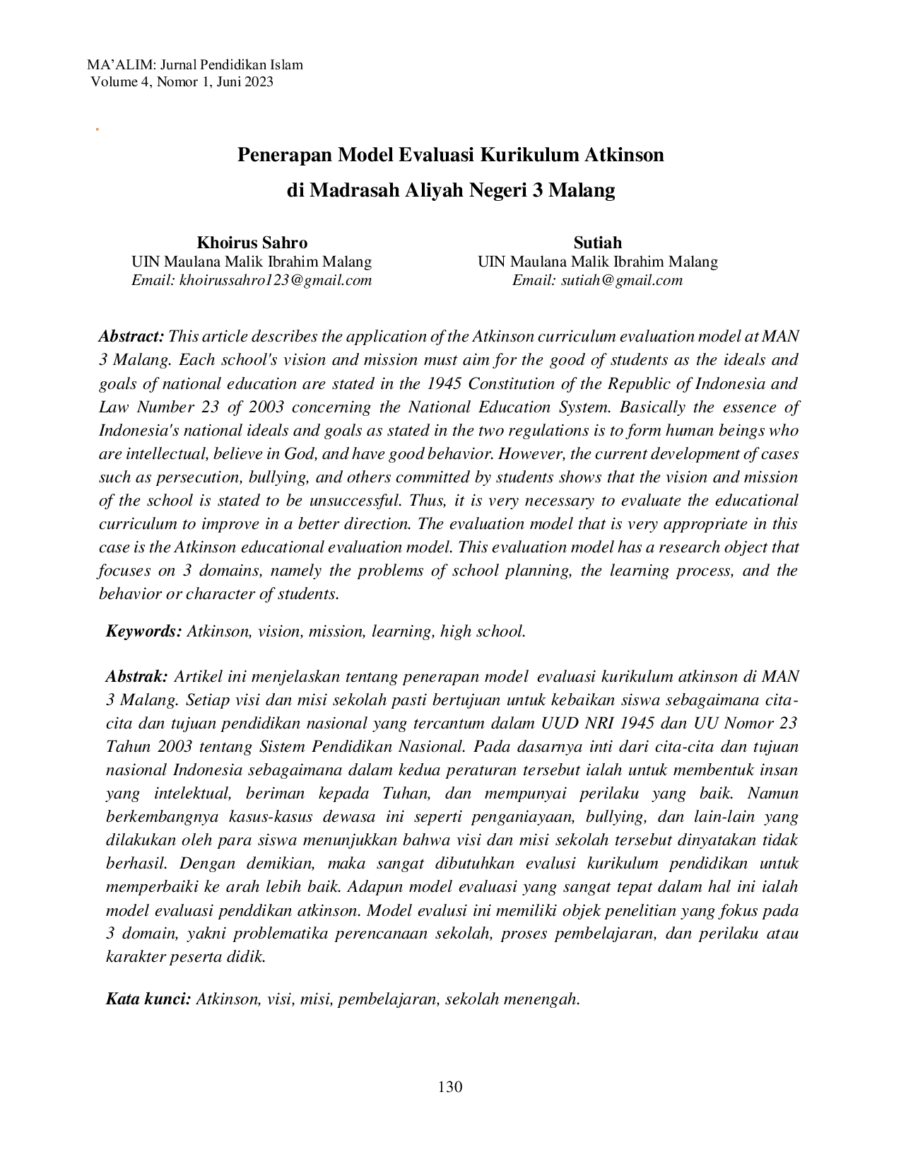 JURIS Model Pengembangan Kurikulum Atkinson di Madrasah Aliyah Negeri 3 Malang