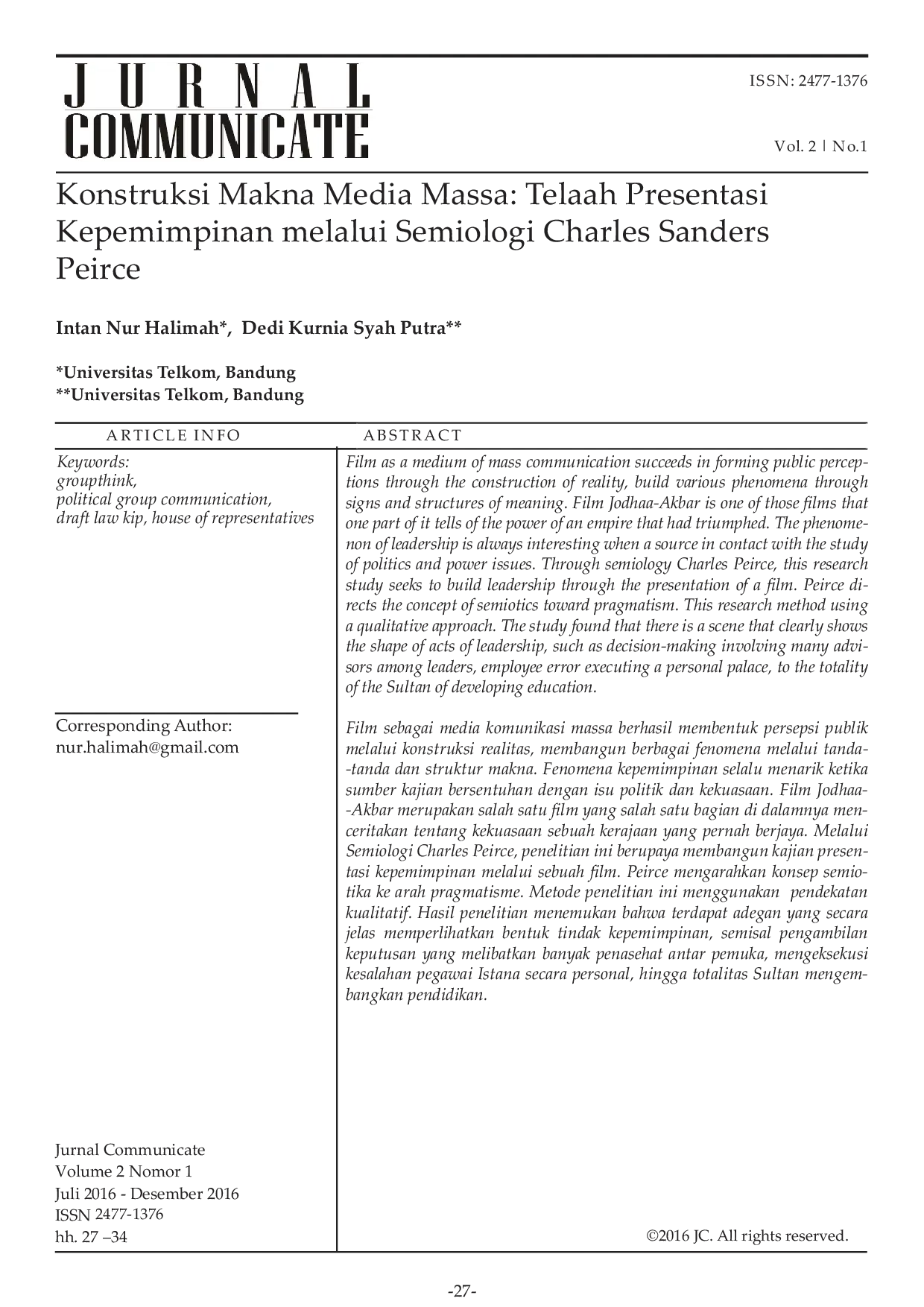 JURIS Konstruksi Makna Media Massa Telaah Presentasi Kepemimpinan melalui Semiologi Charles Sanders Peirce