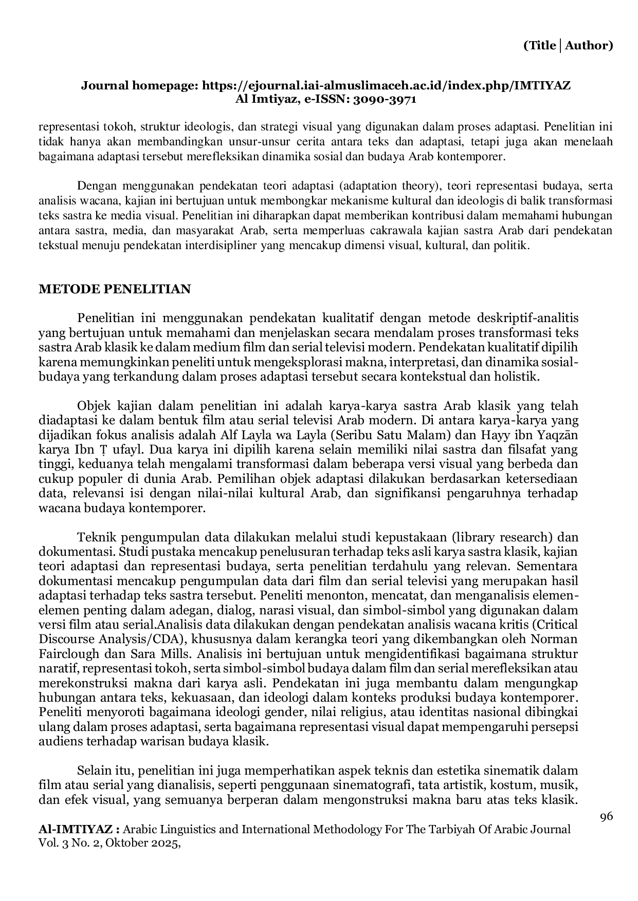 JURIS Transformasi Sastra Arab Klasik Dalam Adaptasi Film Dan Serial Arab Modern Dalam Gaya Akademik Naratif