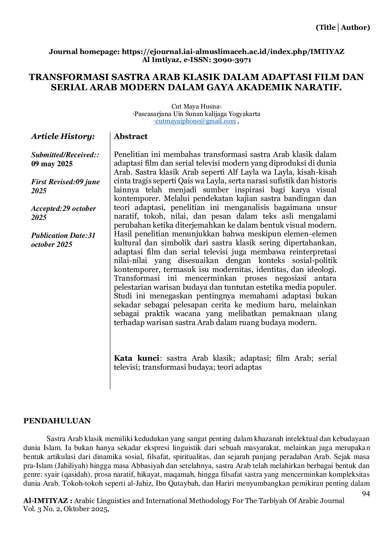 JURIS Transformasi Sastra Arab Klasik Dalam Adaptasi Film Dan Serial Arab Modern Dalam Gaya Akademik Naratif