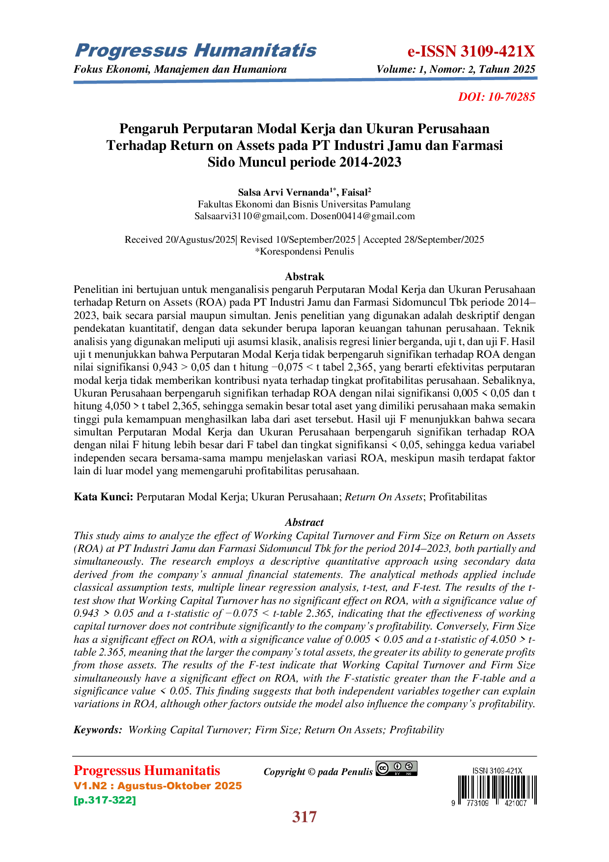 JURIS Pengaruh Perputaran Modal Kerja Dan Ukuran Perusahaan Terhadap Return On Assets Pada PT Industri Jamu Dan Farmasi Sido Muncul Periode 2014 2023