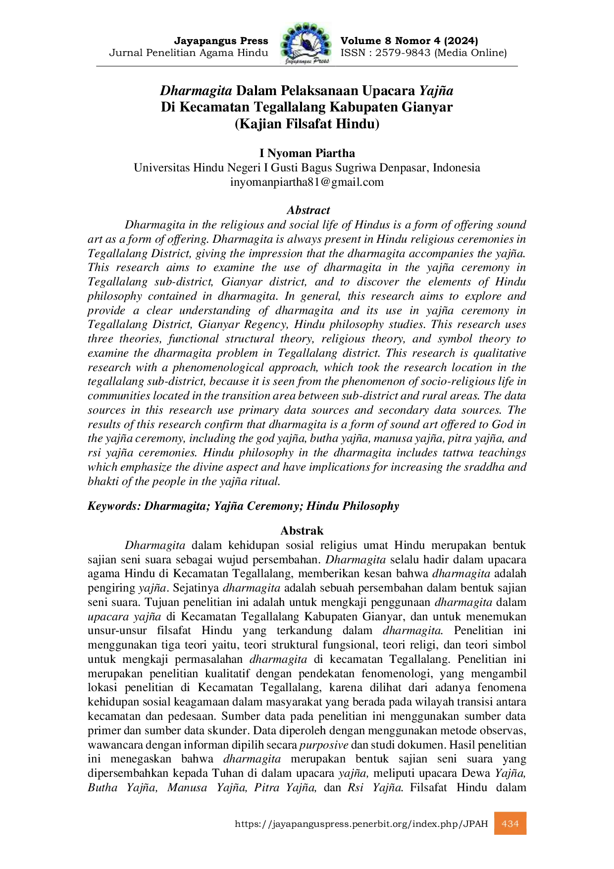 JURIS Dharmagita Dalam Pelaksanaan Upacara Yaj a Di Kecamatan Tegallalang Kabupaten Gianyar Kajian Filsafat Hindu