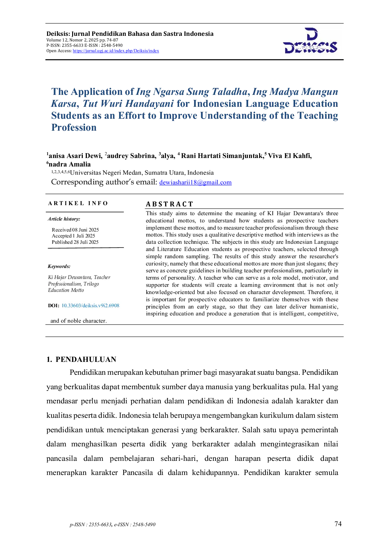 JURIS The Application of Ing Ngarsa Sung Taladha Ing Madya Mangun Karsa Tut Wuri Handayani for Indonesian Language Education Students as an Effort to Improve Understanding of the Teaching Profession