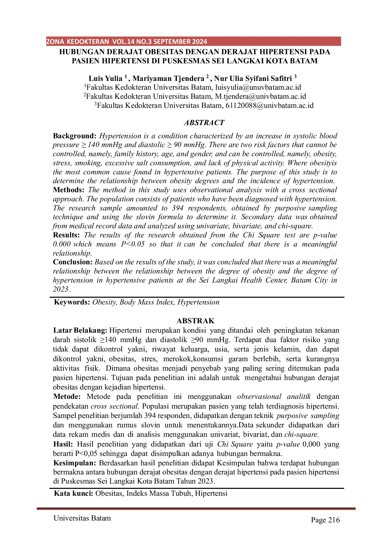 JURIS Hubungan Derajat Obesitas Dengan Derajat Hipertensi Pada Pasien Hipertensi Di Puskesmas Sei Langkai Kota Batam