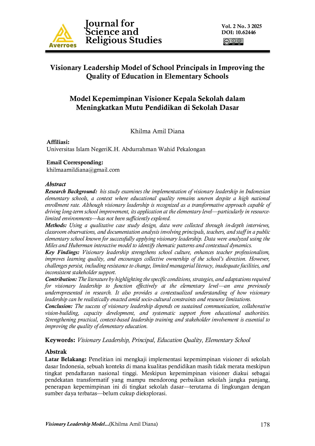 JURIS Visionary Leadership Model of School Principals in Improving the Quality of Education in Elementary Schools