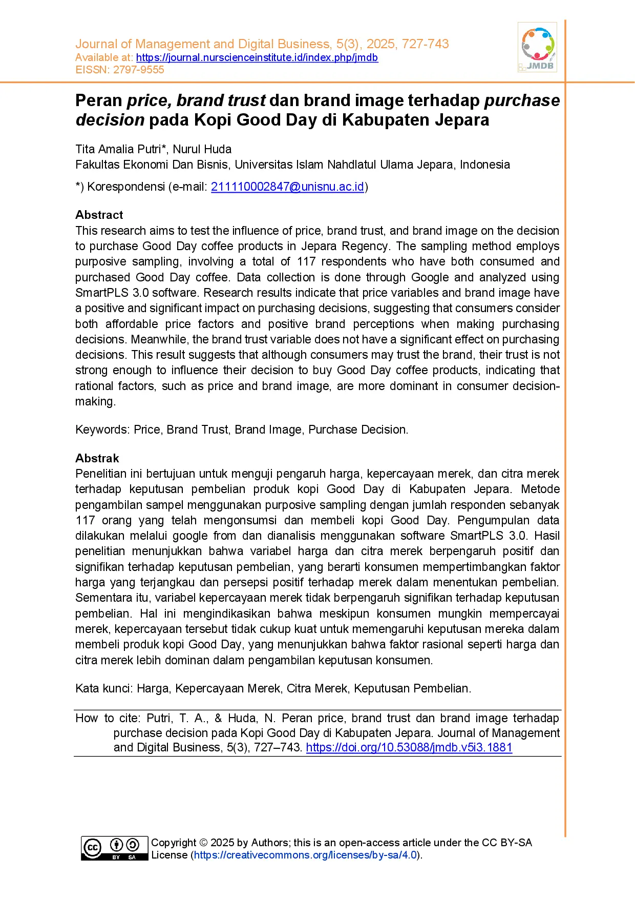 juris Peran price brand trust dan brand image terhadap purchase decision pada Kopi Good Day di Kabupaten Jepara