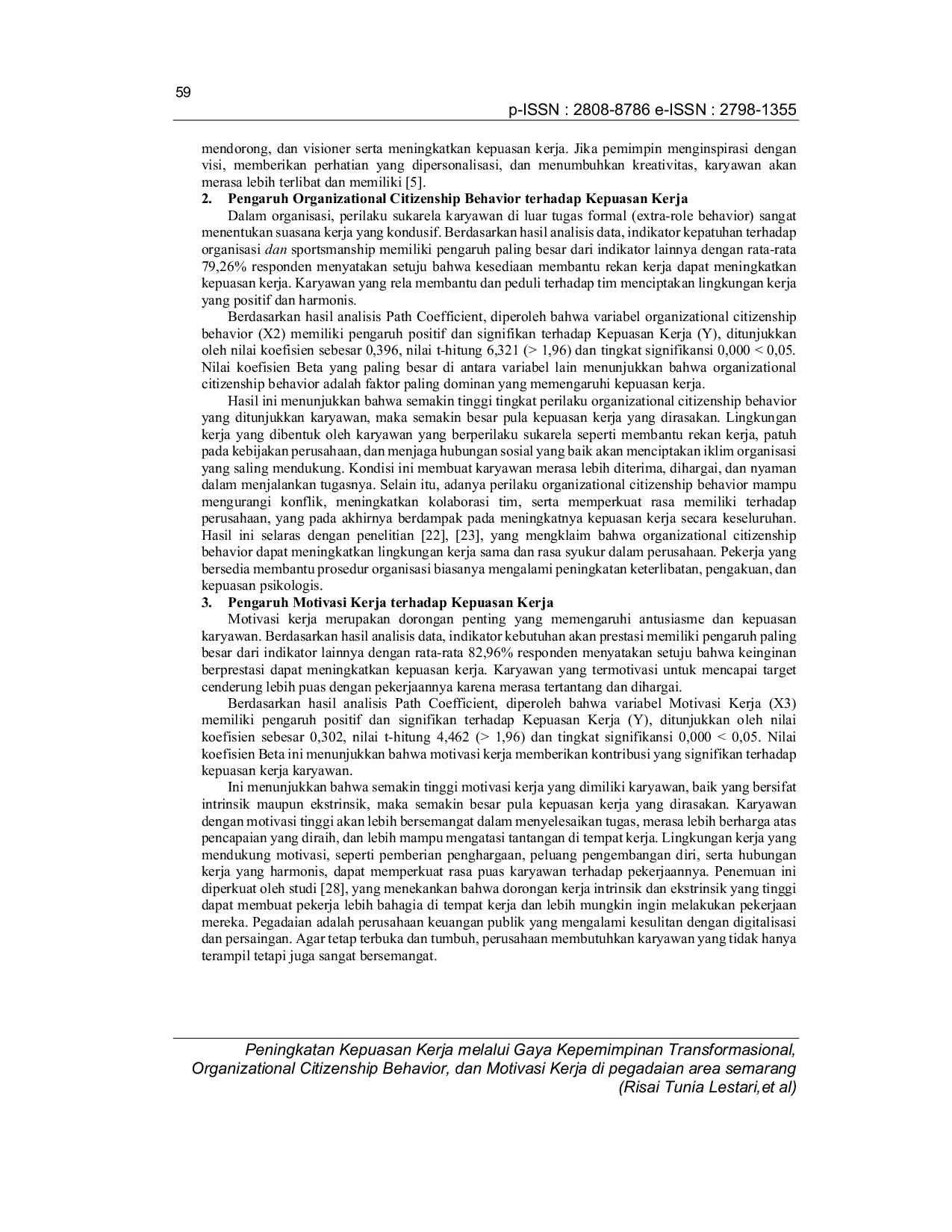 JURIS Peningkatan Kepuasan Kerja Dengan Gaya Kepemimpinan Transformasional Organizational Citizenship Behavior Dan Motivasi Kerja Di PT Pegadaian Area Semarang