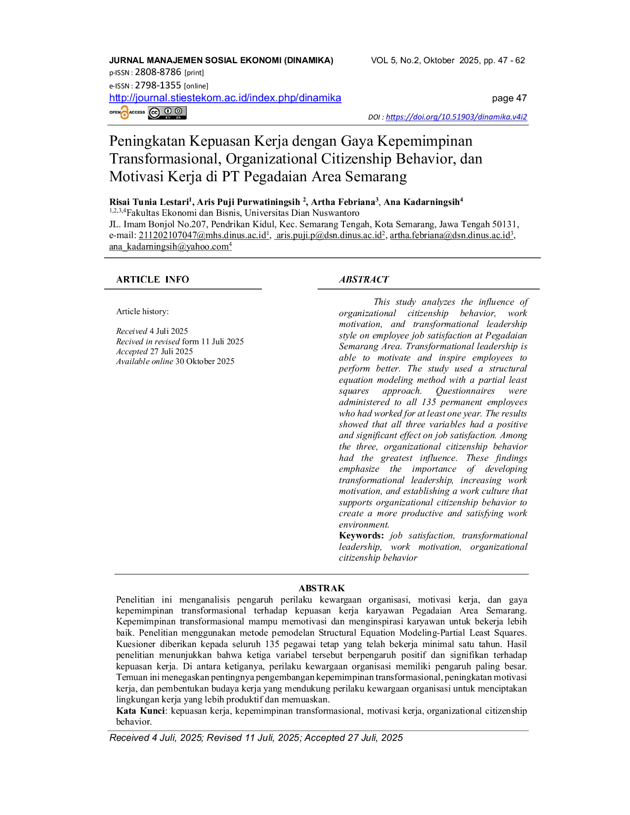 JURIS Peningkatan Kepuasan Kerja Dengan Gaya Kepemimpinan Transformasional Organizational Citizenship Behavior Dan Motivasi Kerja Di PT Pegadaian Area Semarang