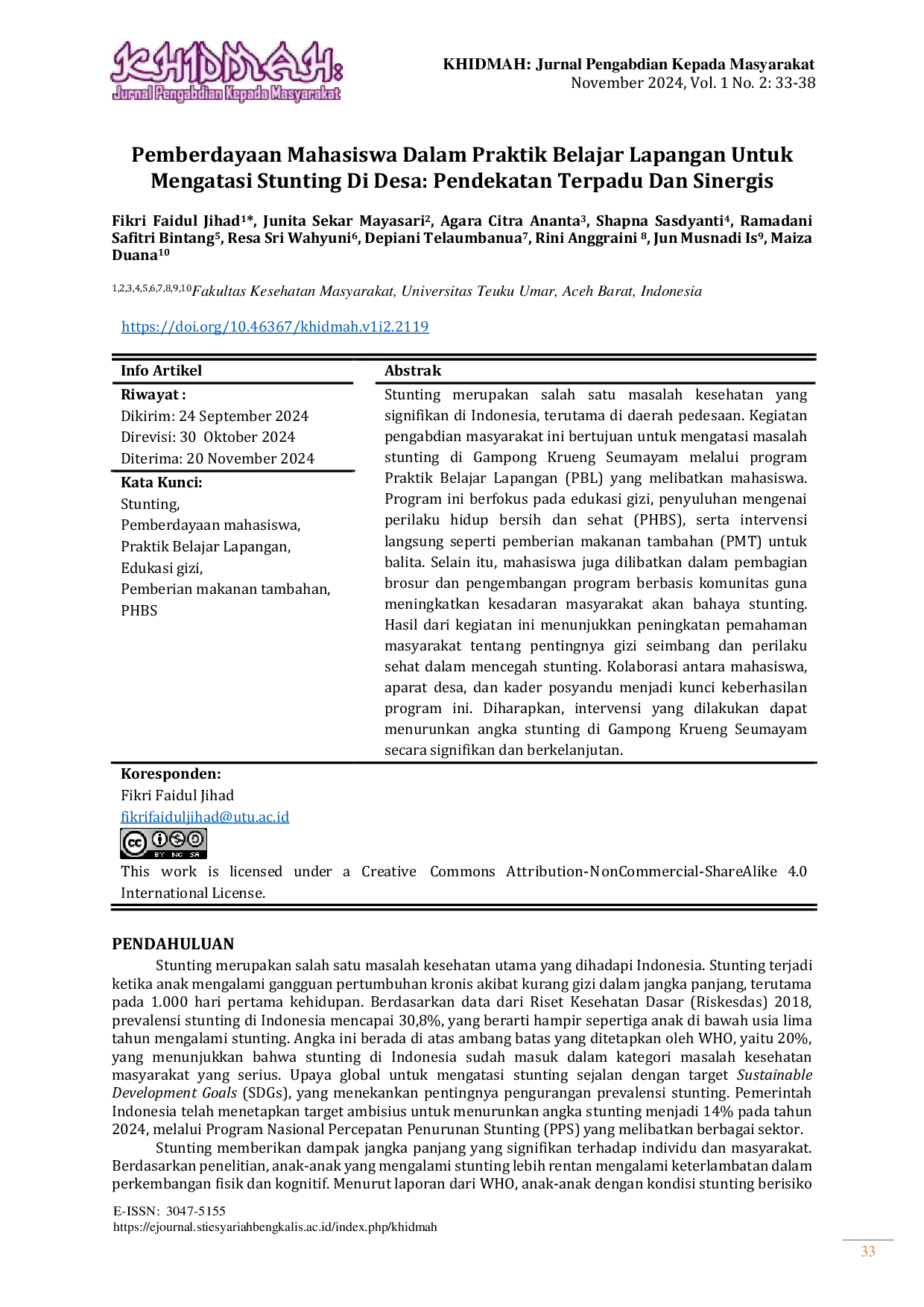 JURIS Pemberdayaan Mahasiswa Dalam Praktik Belajar Lapangan Untuk Mengatasi Stunting Di Desa Pendekatan Terpadu Dan Sinergis