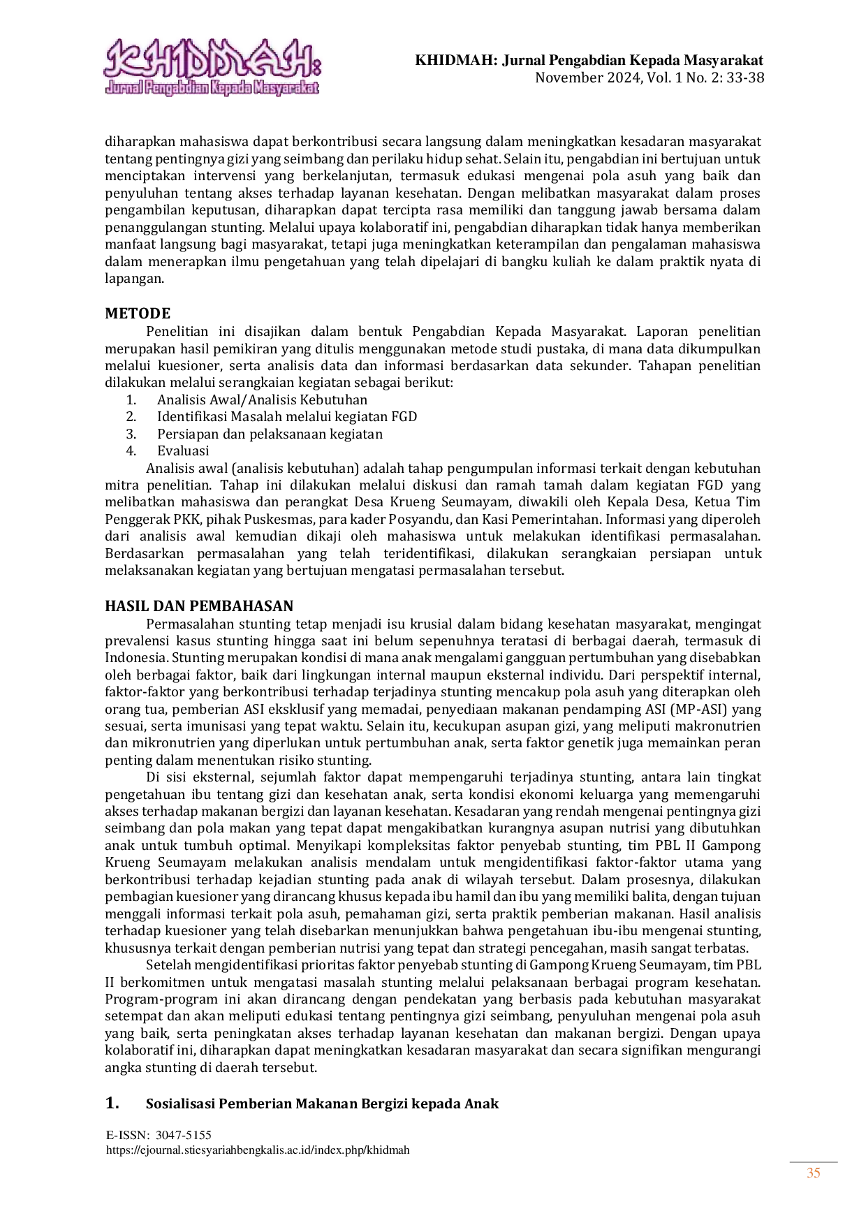 JURIS Pemberdayaan Mahasiswa Dalam Praktik Belajar Lapangan Untuk Mengatasi Stunting Di Desa Pendekatan Terpadu Dan Sinergis