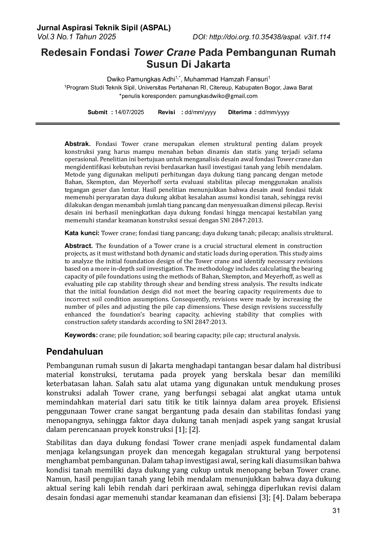 JURIS Redesain Fondasi Tower Crane Pada Pembangunan Rumah Susun Di Jakarta