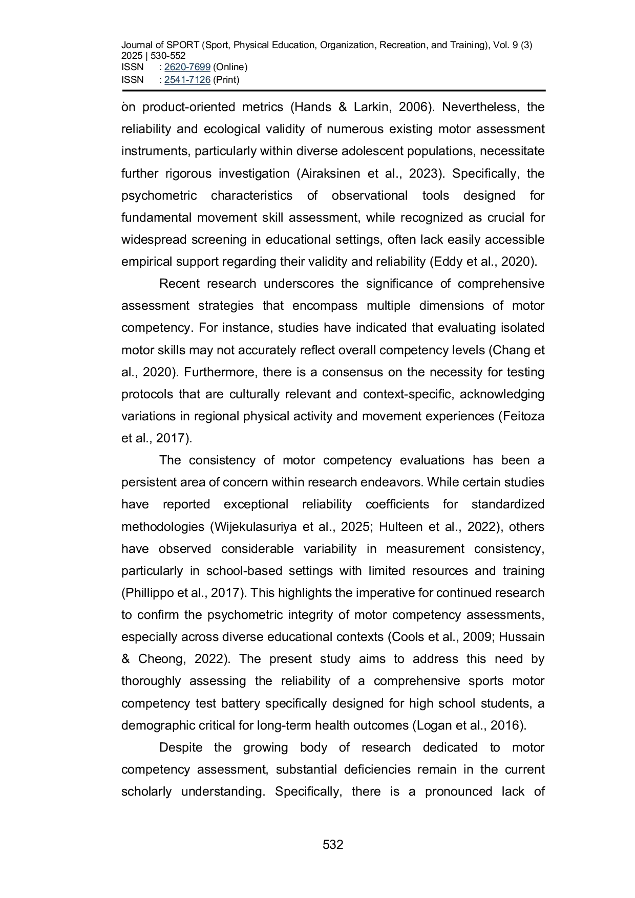 JURIS Validity and Reliability of Sports Motor Competency Assessment for High School Students in an Educational Context