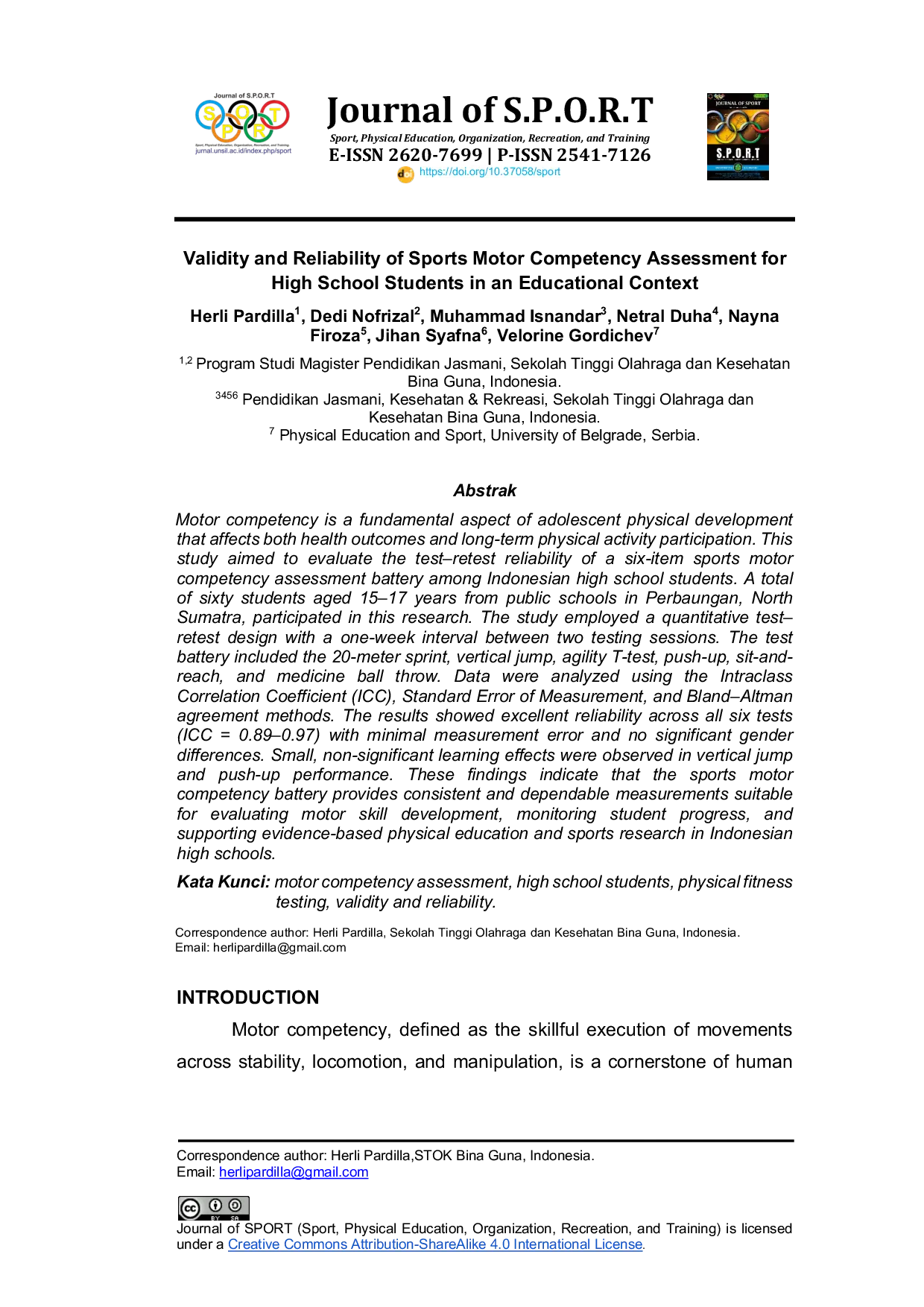 JURIS Validity and Reliability of Sports Motor Competency Assessment for High School Students in an Educational Context