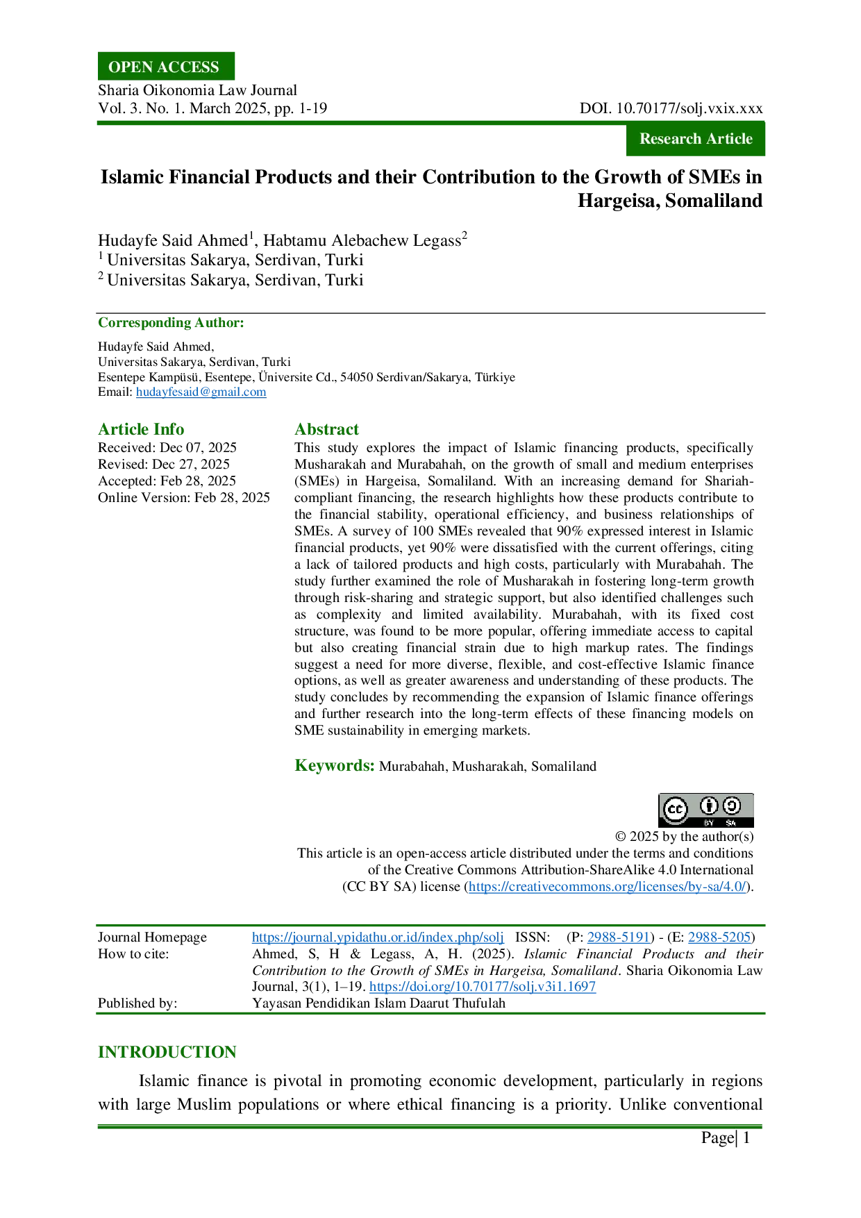 JURIS Islamic Financial Products and their Contribution to the Growth of SMEs in Hargeisa Somaliland