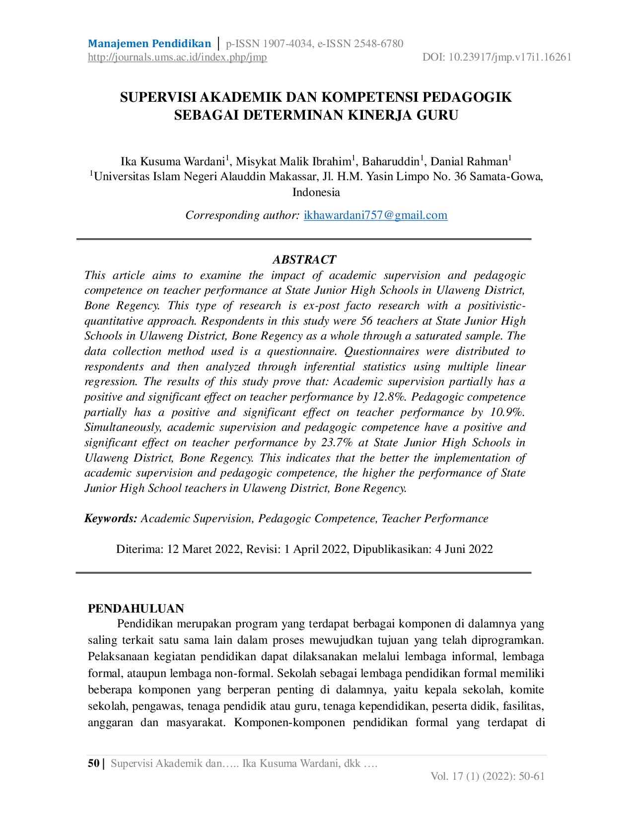 JURIS Supervisi Akademik Dan Kompetensi Pedagogik Sebagai Determinan Kinerja Guru