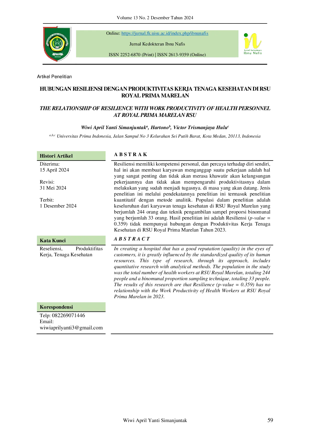 JURIS Hubungan Resiliensi Dengan Produktivitas Kerja Tenaga Kesehatan Di Rsu Royal Prima Marelan