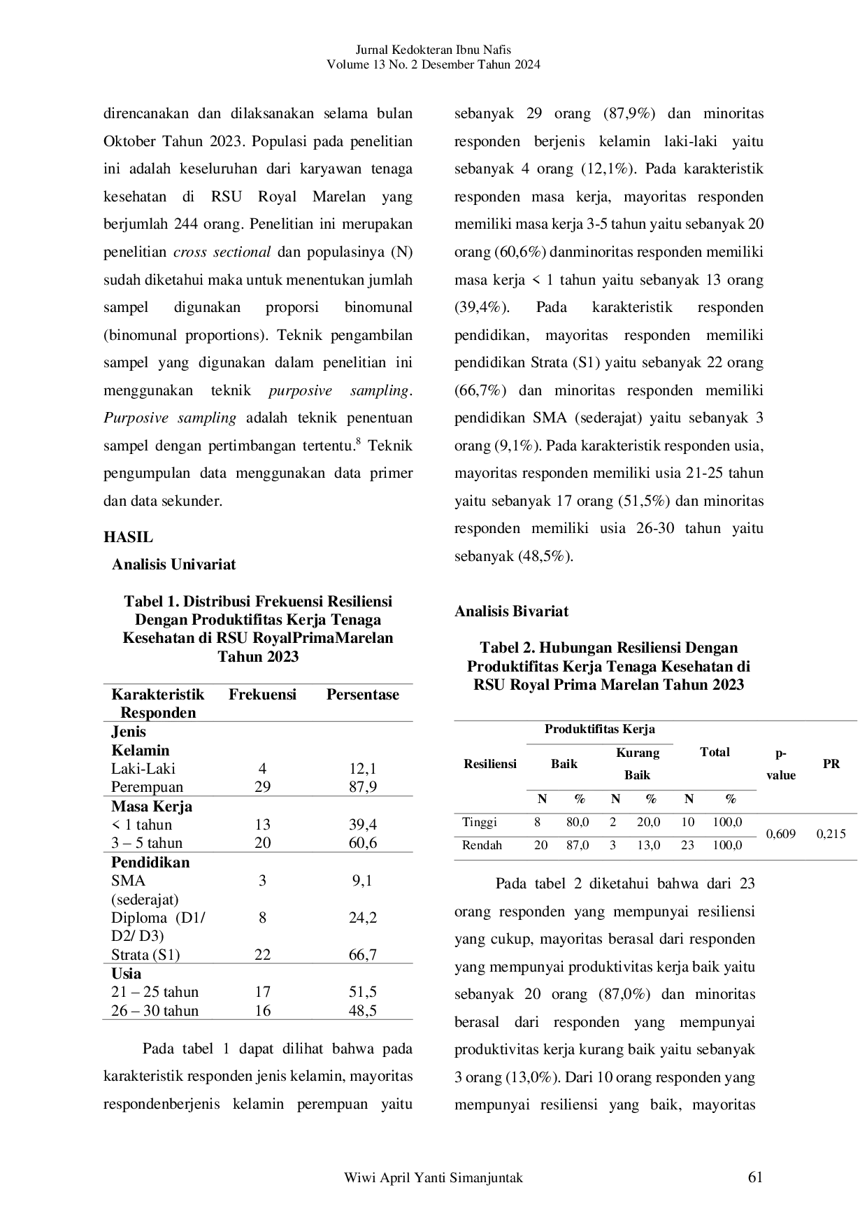 JURIS Hubungan Resiliensi Dengan Produktivitas Kerja Tenaga Kesehatan Di Rsu Royal Prima Marelan