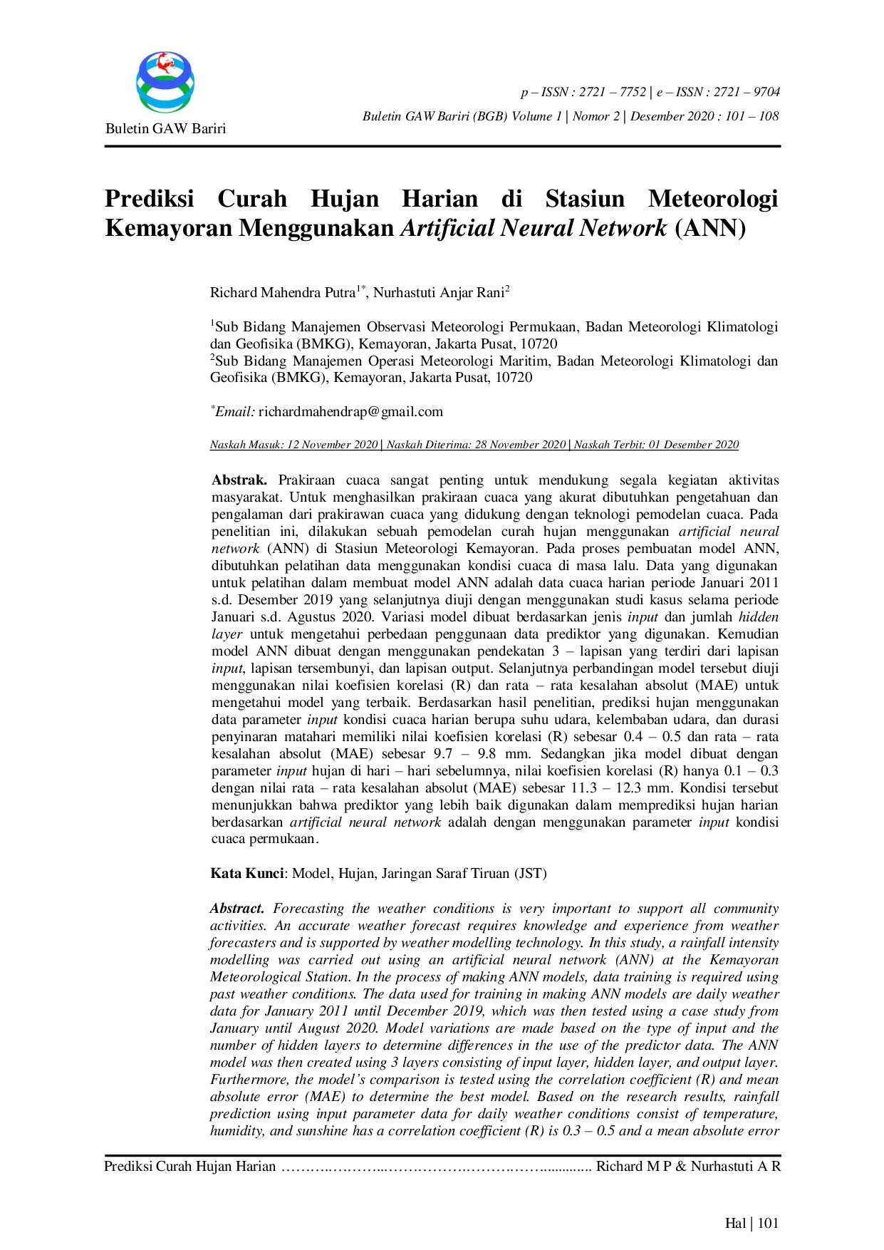 JURIS Prediksi Curah Hujan Harian di Stasiun Meteorologi Kemayoran Menggunakan Artificial Neural Network ANN