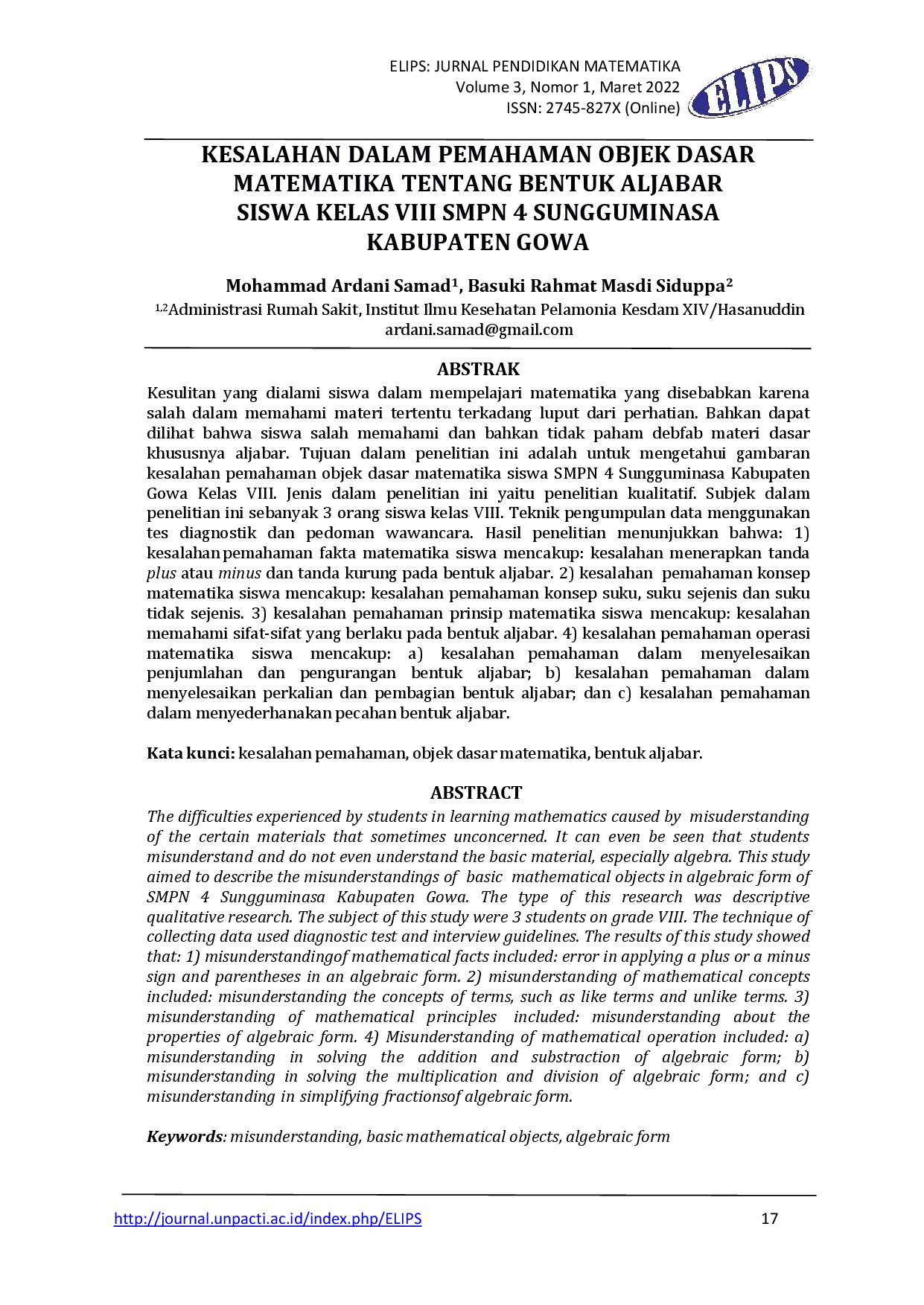 JURIS Kesalahan dalam Pemahaman Objek Dasar Matematika tentang Bentuk Aljabar Siswa Kelas VIII SMPN 4 Sungguminasa Kabupaten Gowa