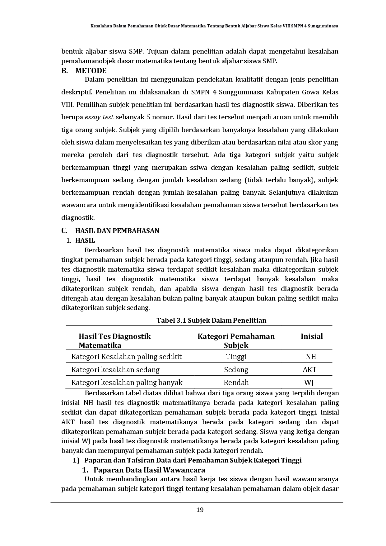 juris Kesalahan dalam Pemahaman Objek Dasar Matematika tentang Bentuk Aljabar Siswa Kelas VIII SMPN 4 Sungguminasa Kabupaten Gowa