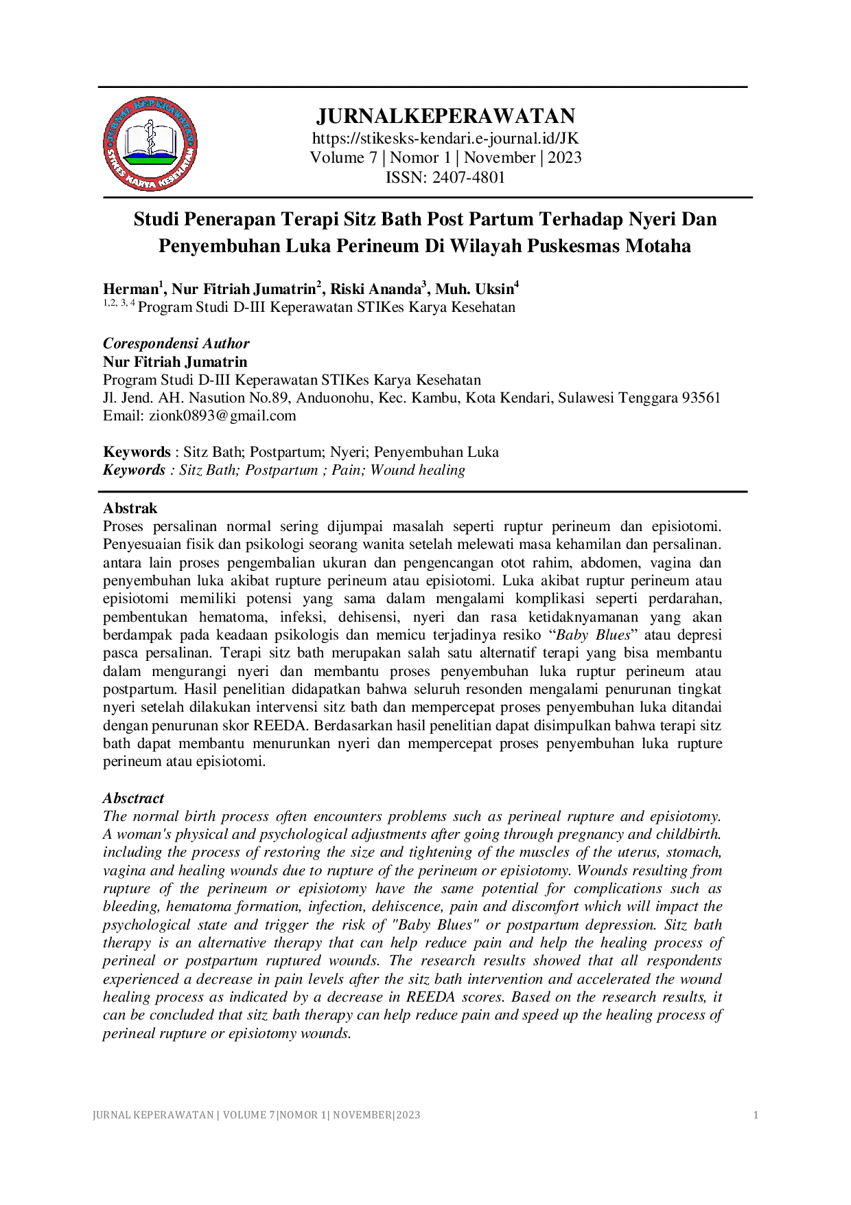 JURIS Studi Penerapan Terapi Sitz Bath Post Partum Terhadap Nyeri dan Penyembuhan Luka Perineum di Wilayah Puskesmas Motaha