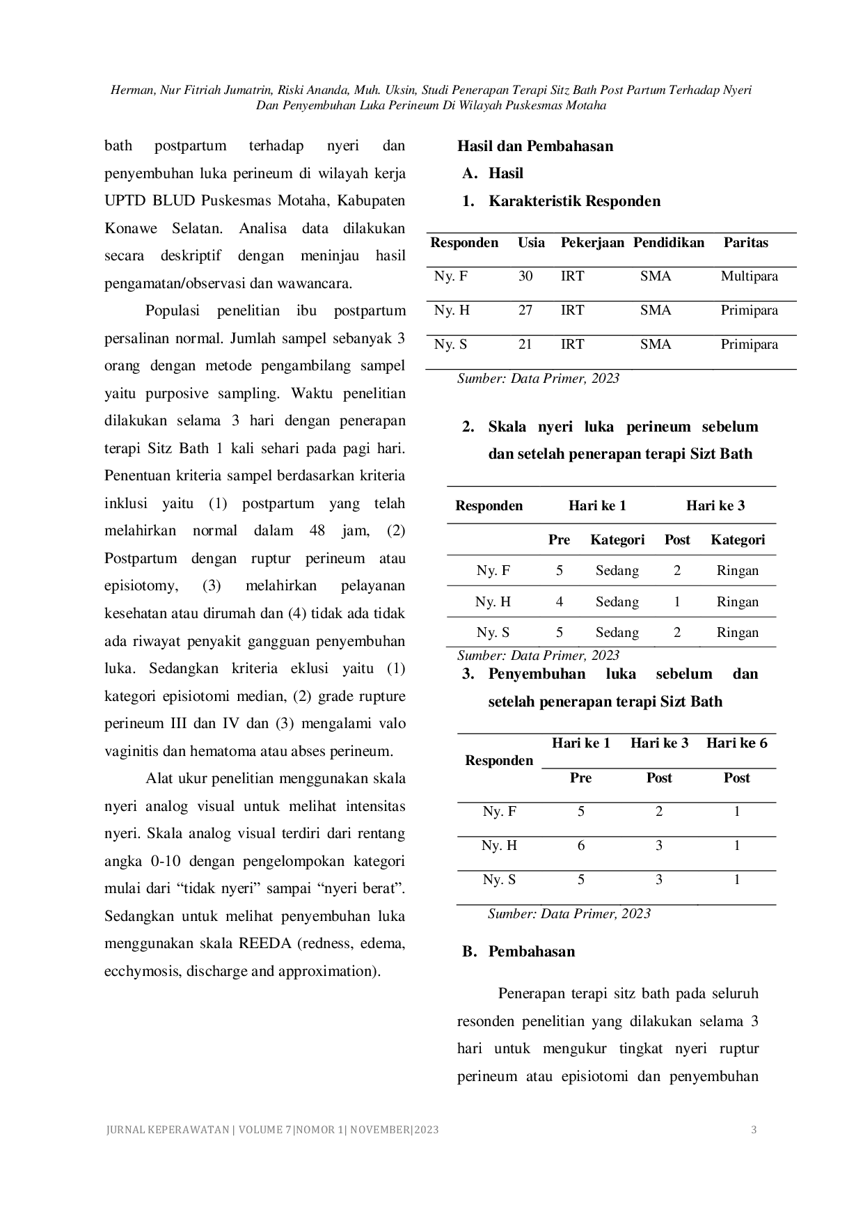 JURIS Studi Penerapan Terapi Sitz Bath Post Partum Terhadap Nyeri dan Penyembuhan Luka Perineum di Wilayah Puskesmas Motaha