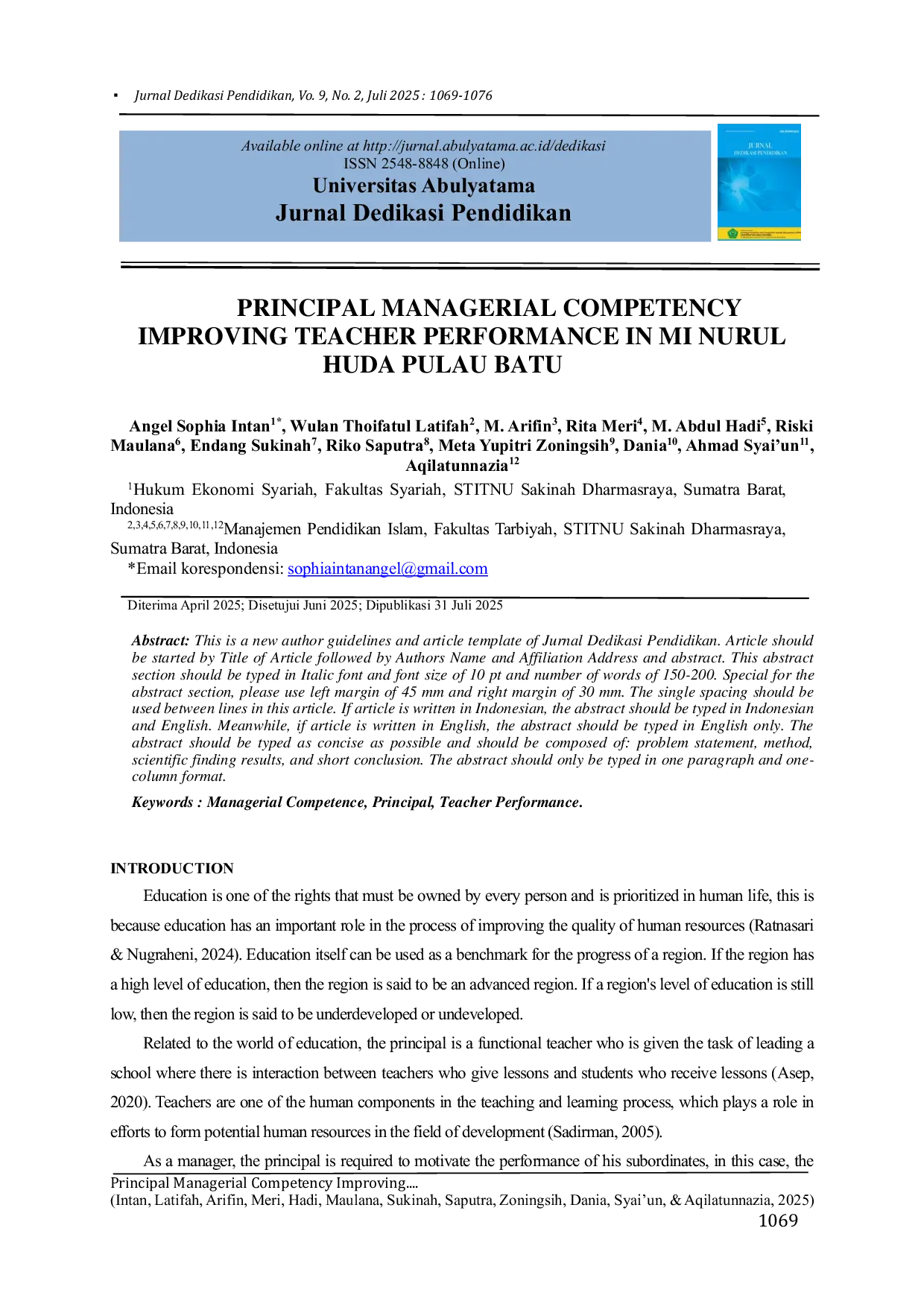 JURIS Principal Managerial Competency Improving Teacher Performance In Mi Nurul Huda Pulau Batu