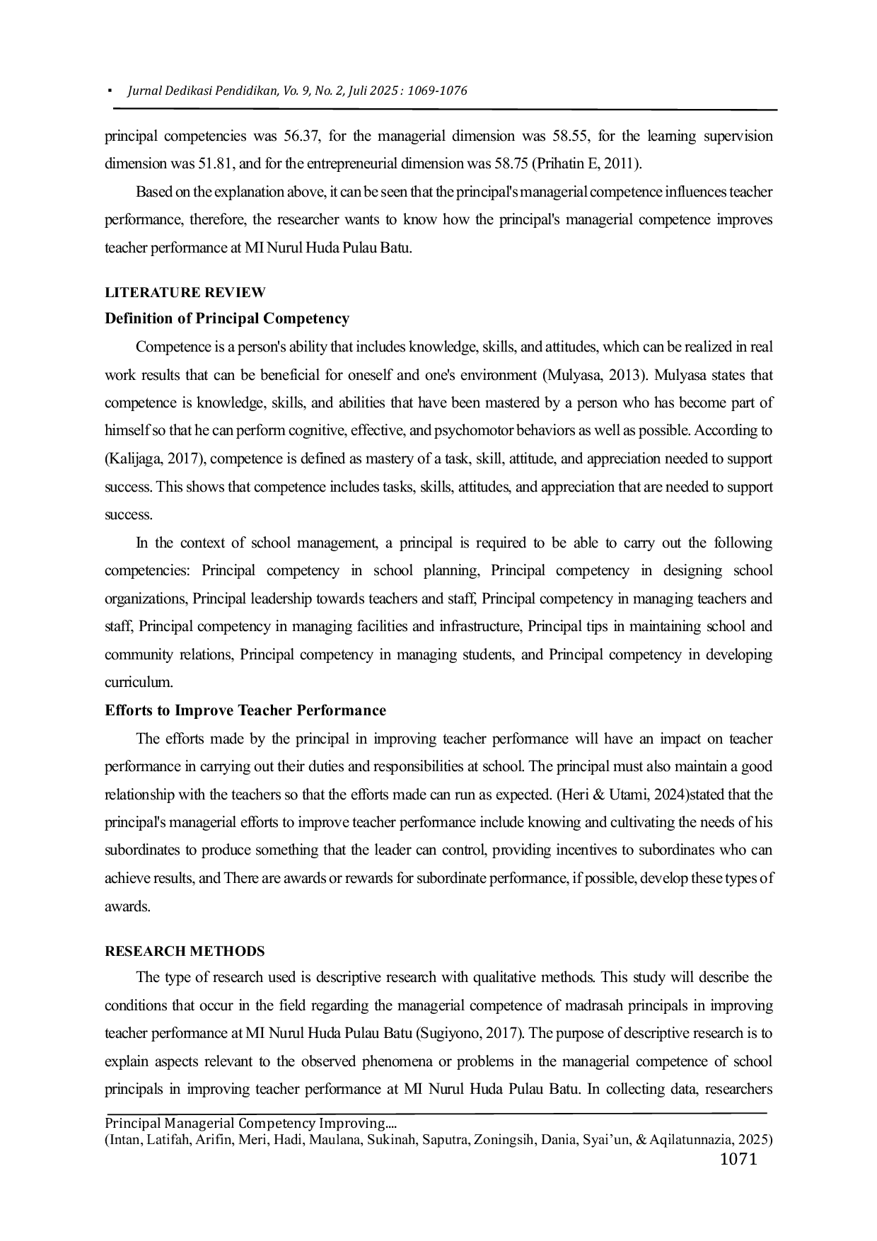 JURIS Principal Managerial Competency Improving Teacher Performance In Mi Nurul Huda Pulau Batu