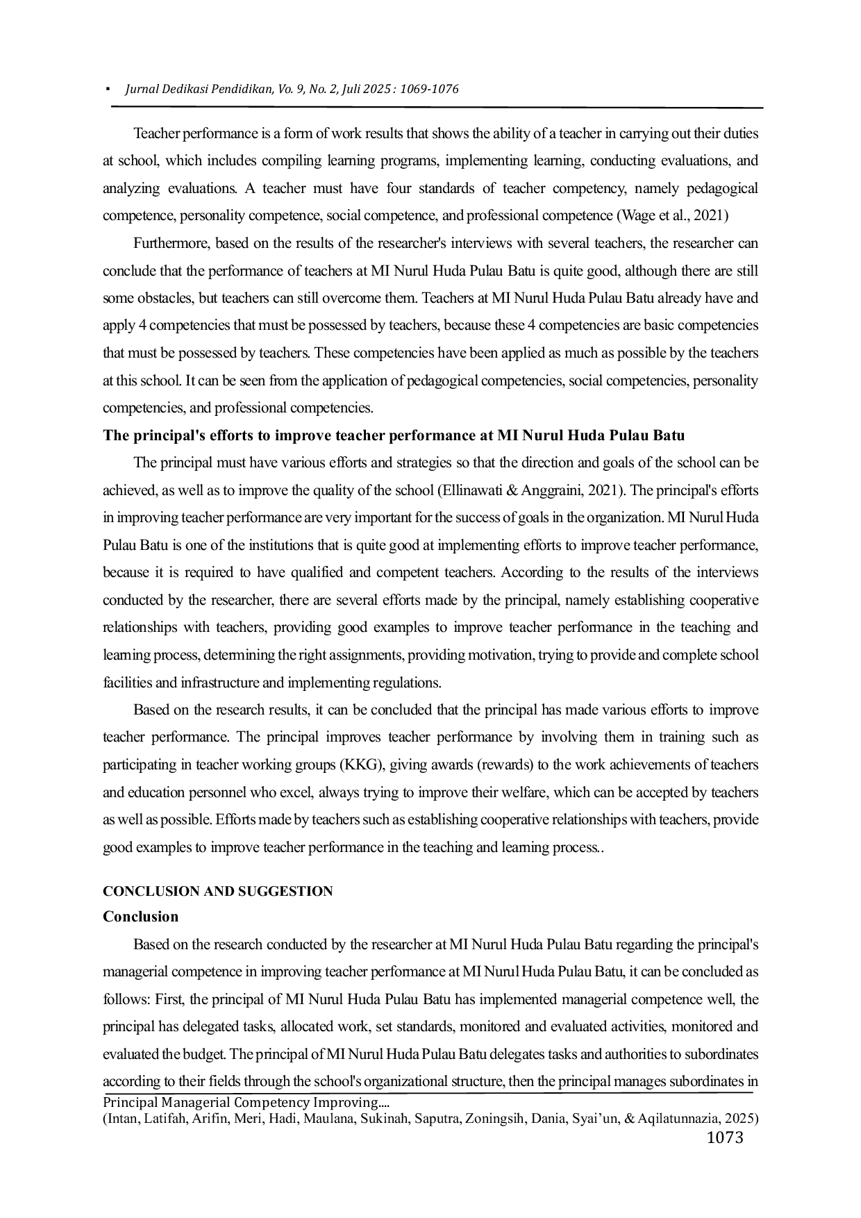 JURIS Principal Managerial Competency Improving Teacher Performance In Mi Nurul Huda Pulau Batu