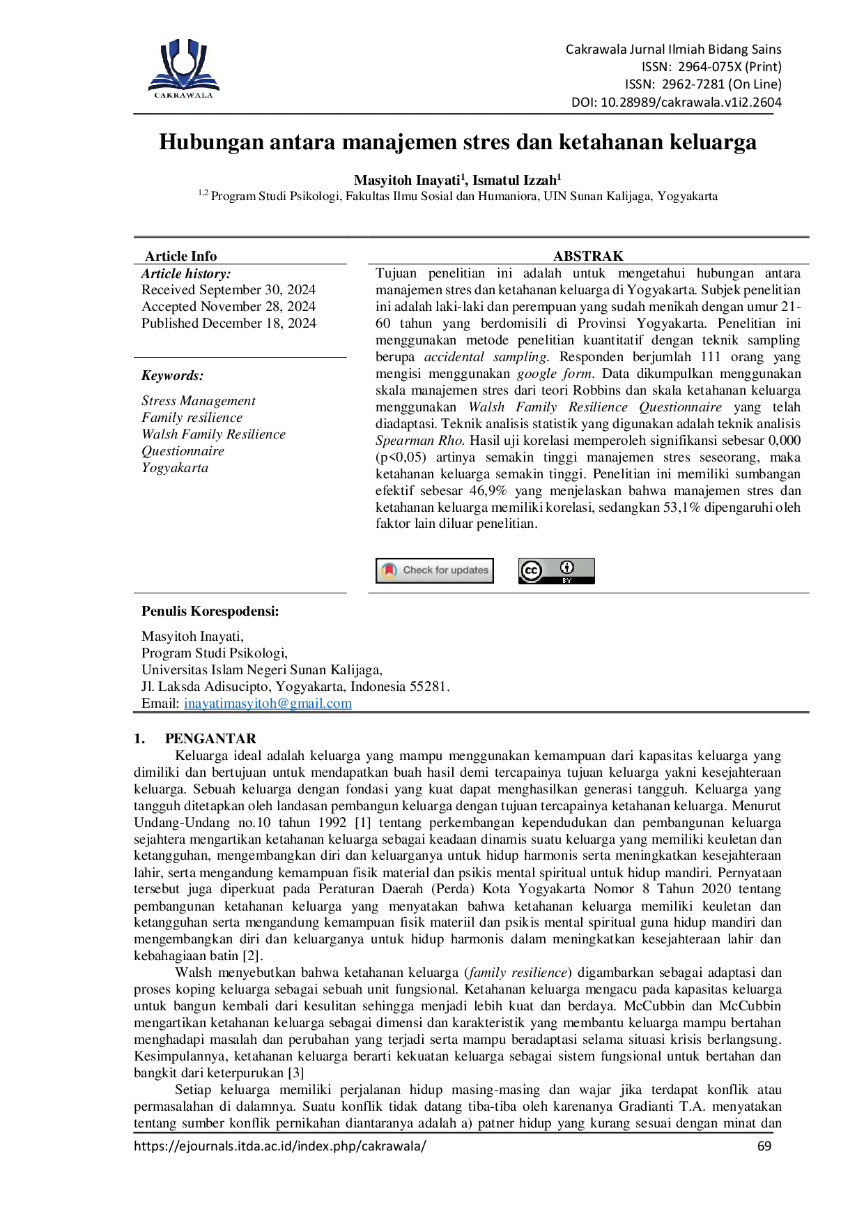 JURIS Hubungan antara manajemen stres dan ketahanan keluarga