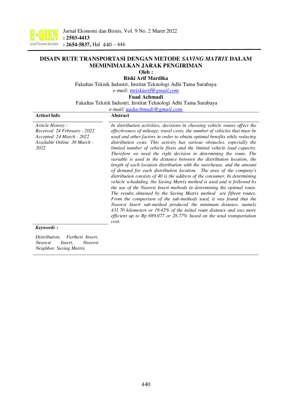 JURIS Desain Rute Transportasi dengan Metode Saving Matrix dalam Meminimalisasi Jarak Pengiriman